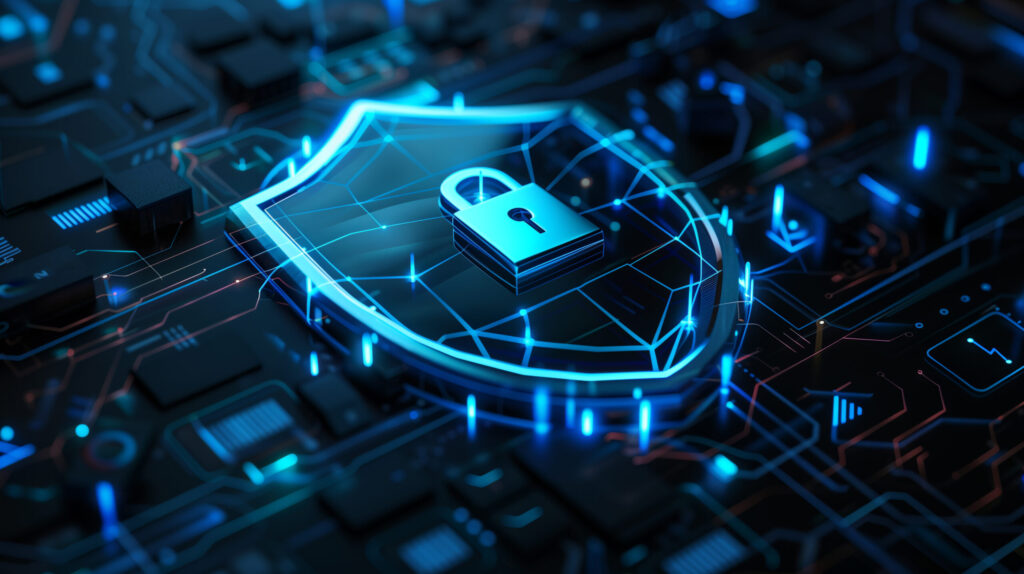 3D illustration of shield with lock and digital data network, blue color theme, isometric view, on dark background, concept for cyber security technology or online protection, detailed design, high resolution