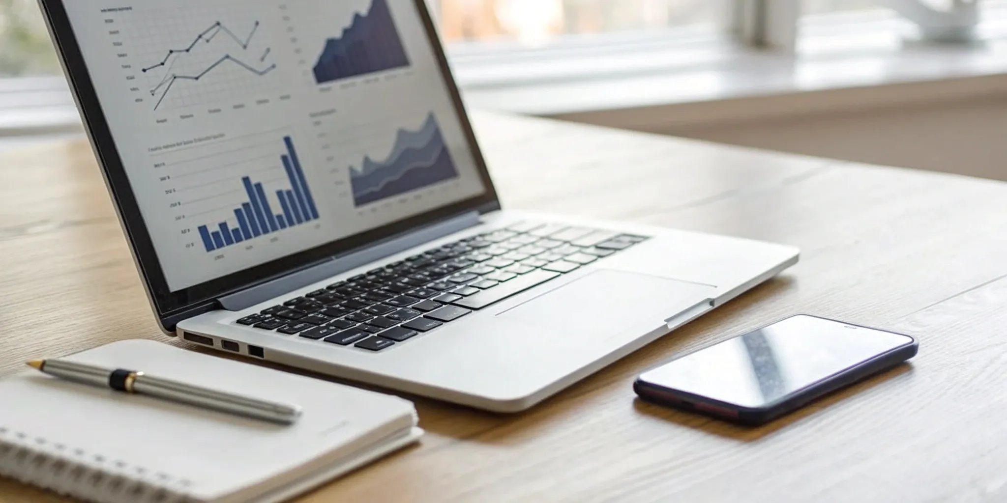 Investigations management software dashboard on a laptop with phone and notebook.