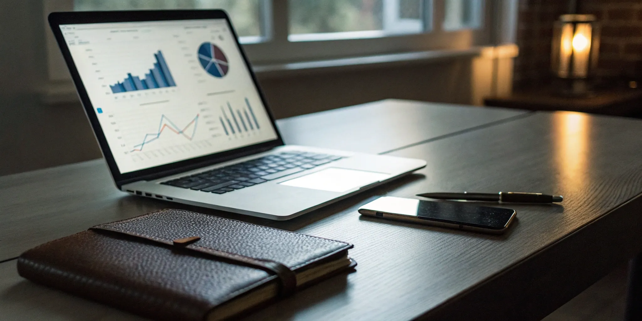 Investigation management tool dashboard on a laptop with phone and notepad.