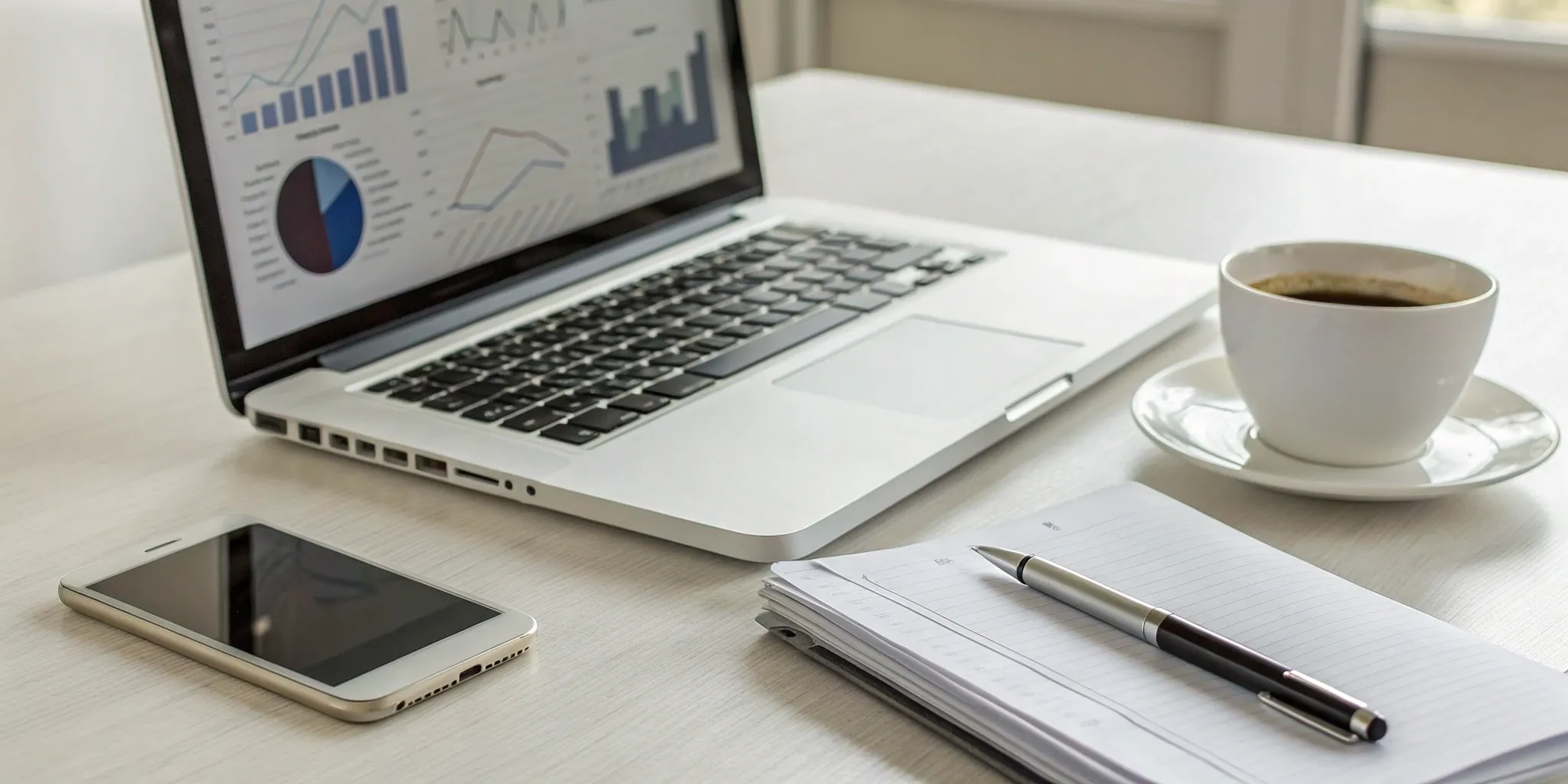 An organized desk with a laptop and charts for managing PI caseloads effectively.