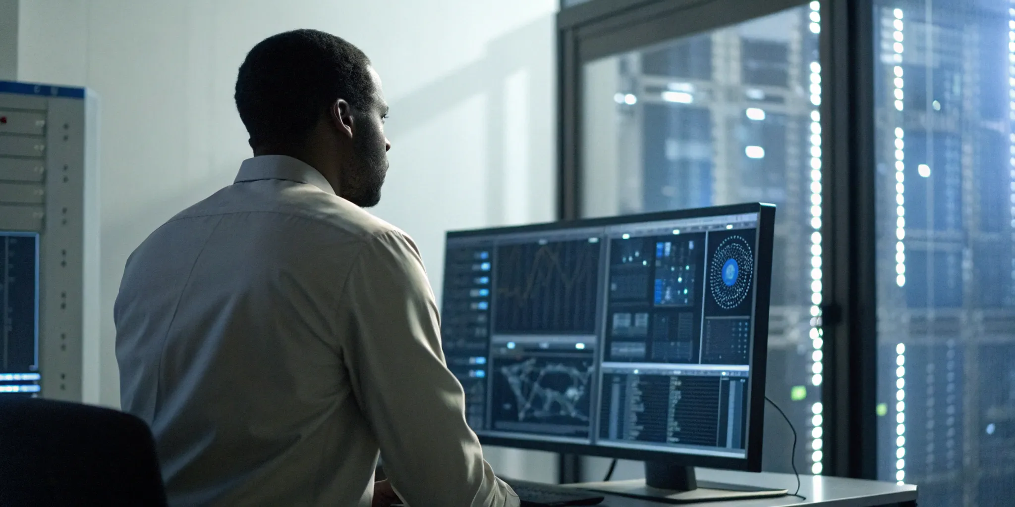Private investigator analyzing a case with the best PI software on a dual-monitor computer.
