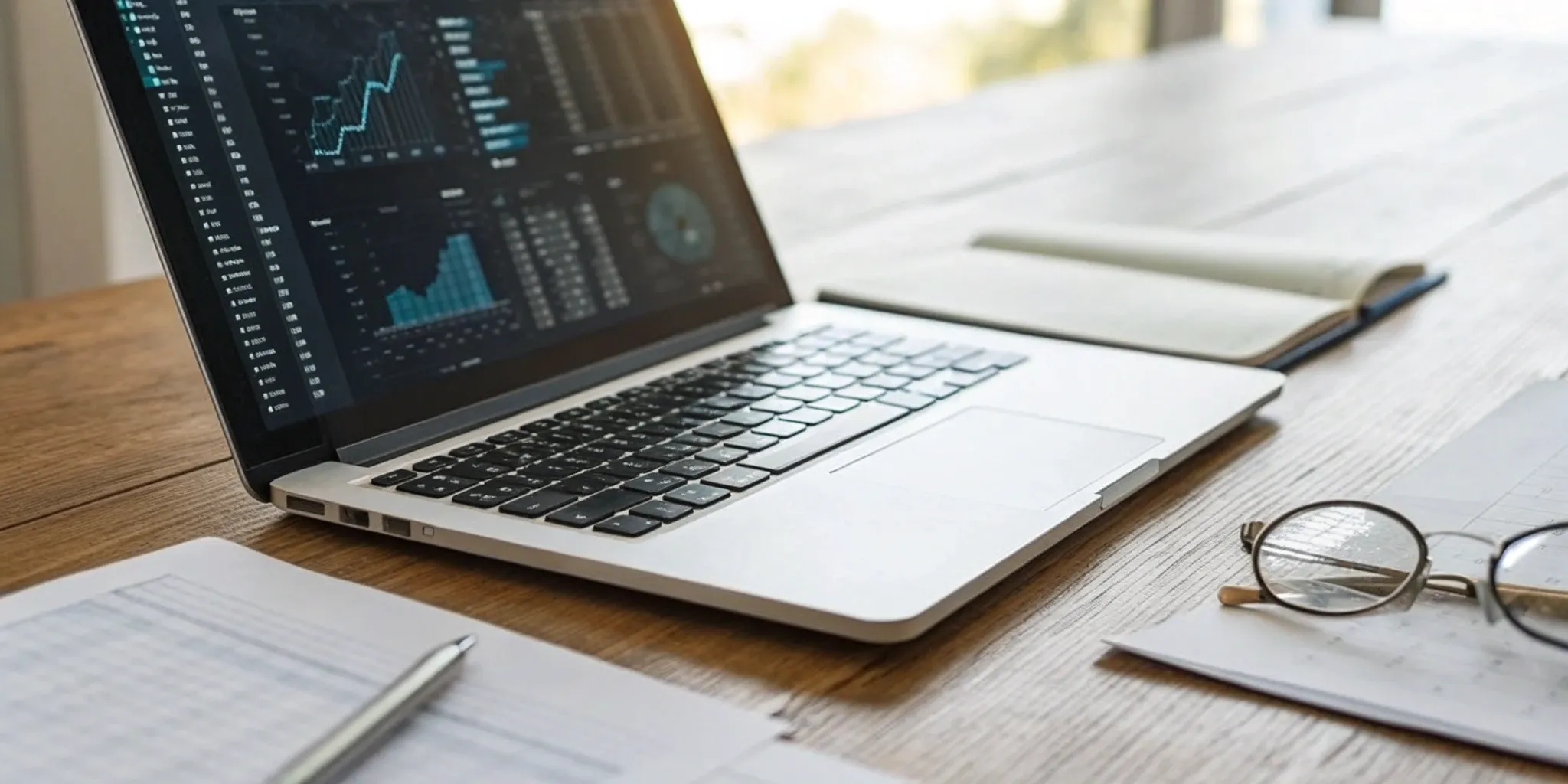 Laptop displaying criminal defense investigation software analytics on a desk with case documents.