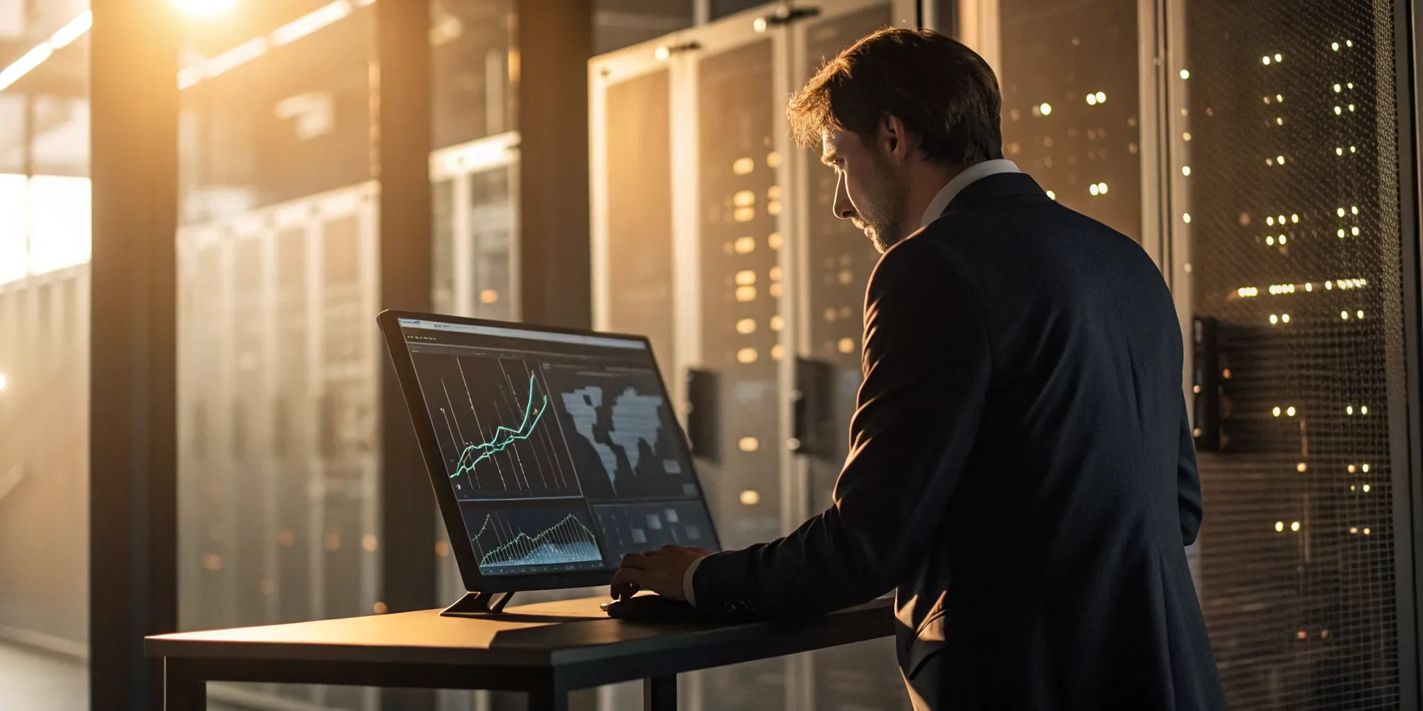 Professional analyzing cloud-based PI software data in an industrial server room.
