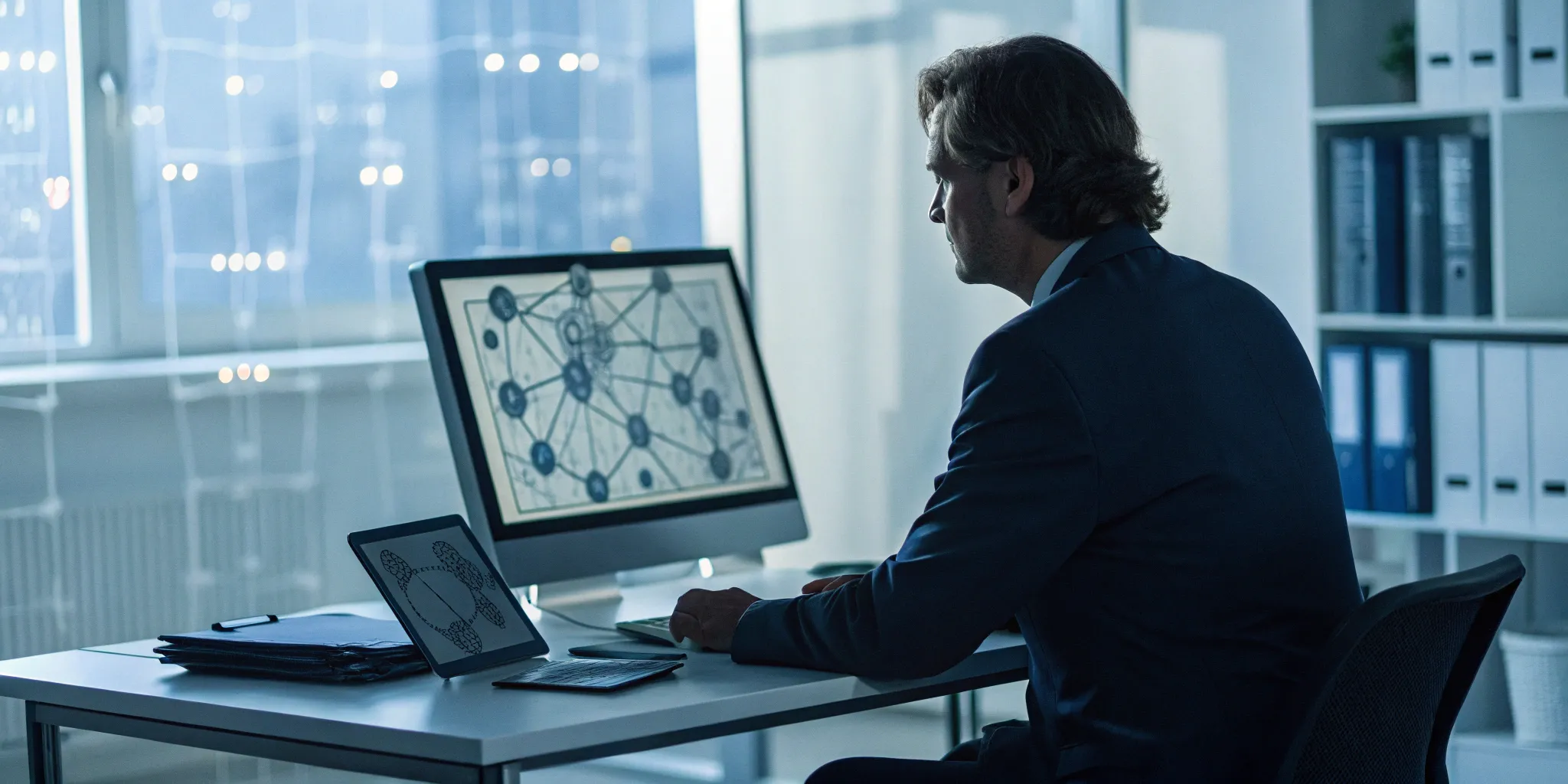 Investigator managing a case using surveillance case management software on a computer.