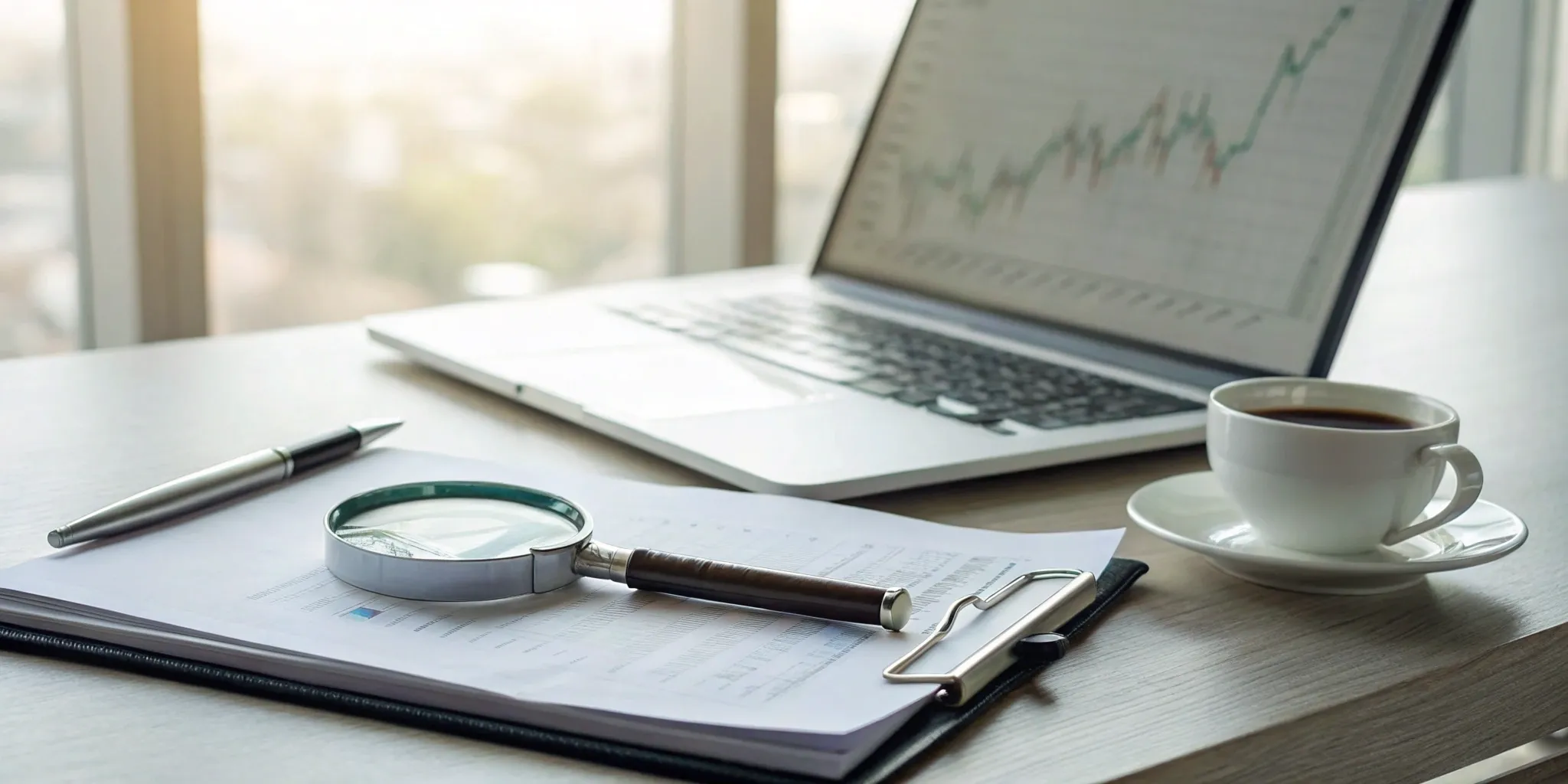 A custom investigation report on a desk with a laptop showing data charts and a magnifying glass.