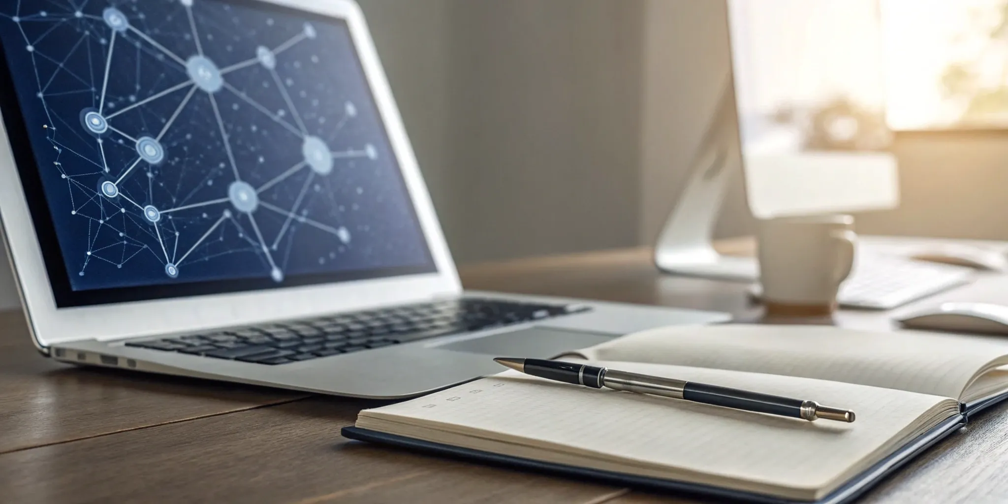 Laptop displaying private investigator software, alongside a notebook and pen for taking case notes.