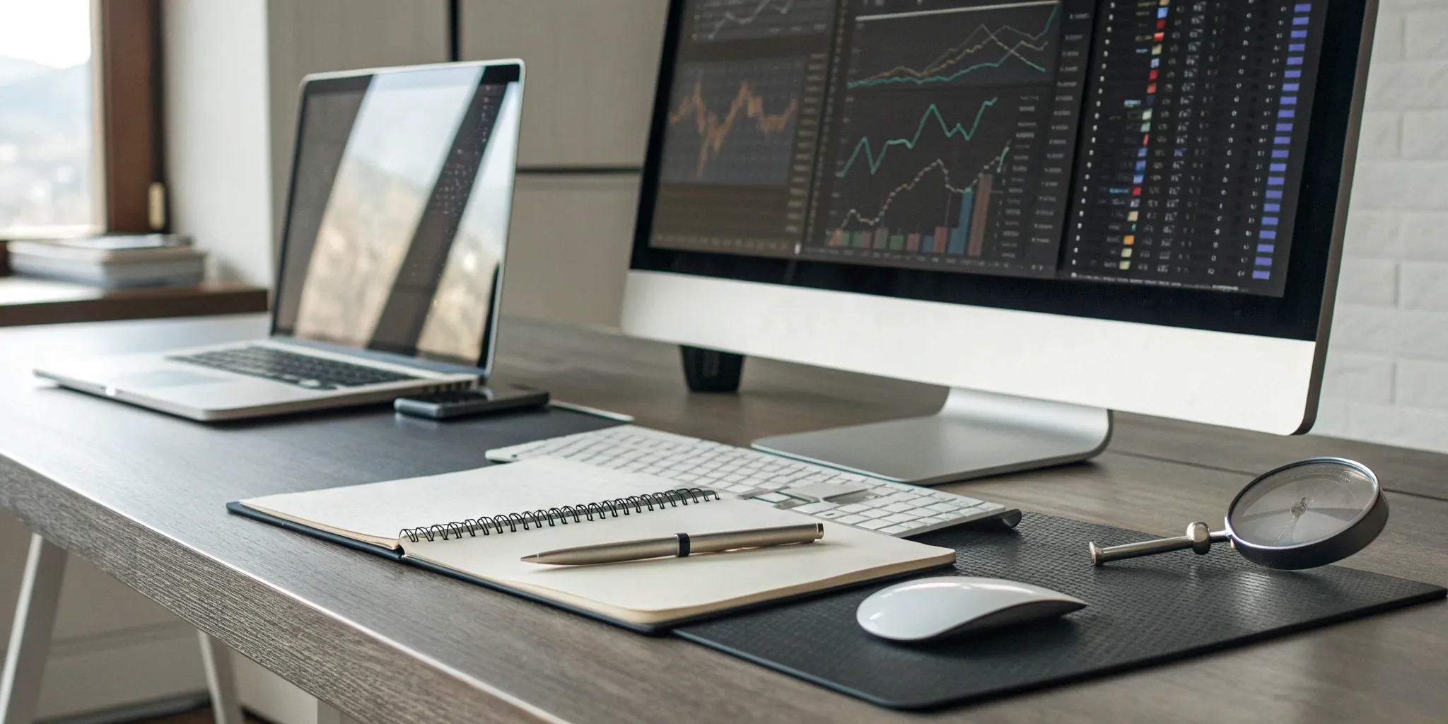 Laptop showing investigative database integration with a magnifying glass analyzing data charts.