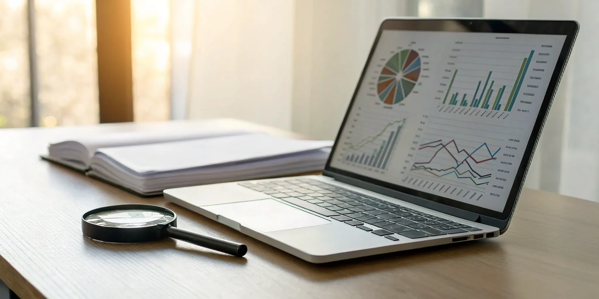 Due diligence investigation software on a laptop screen with charts, a magnifying glass, and a notebook.