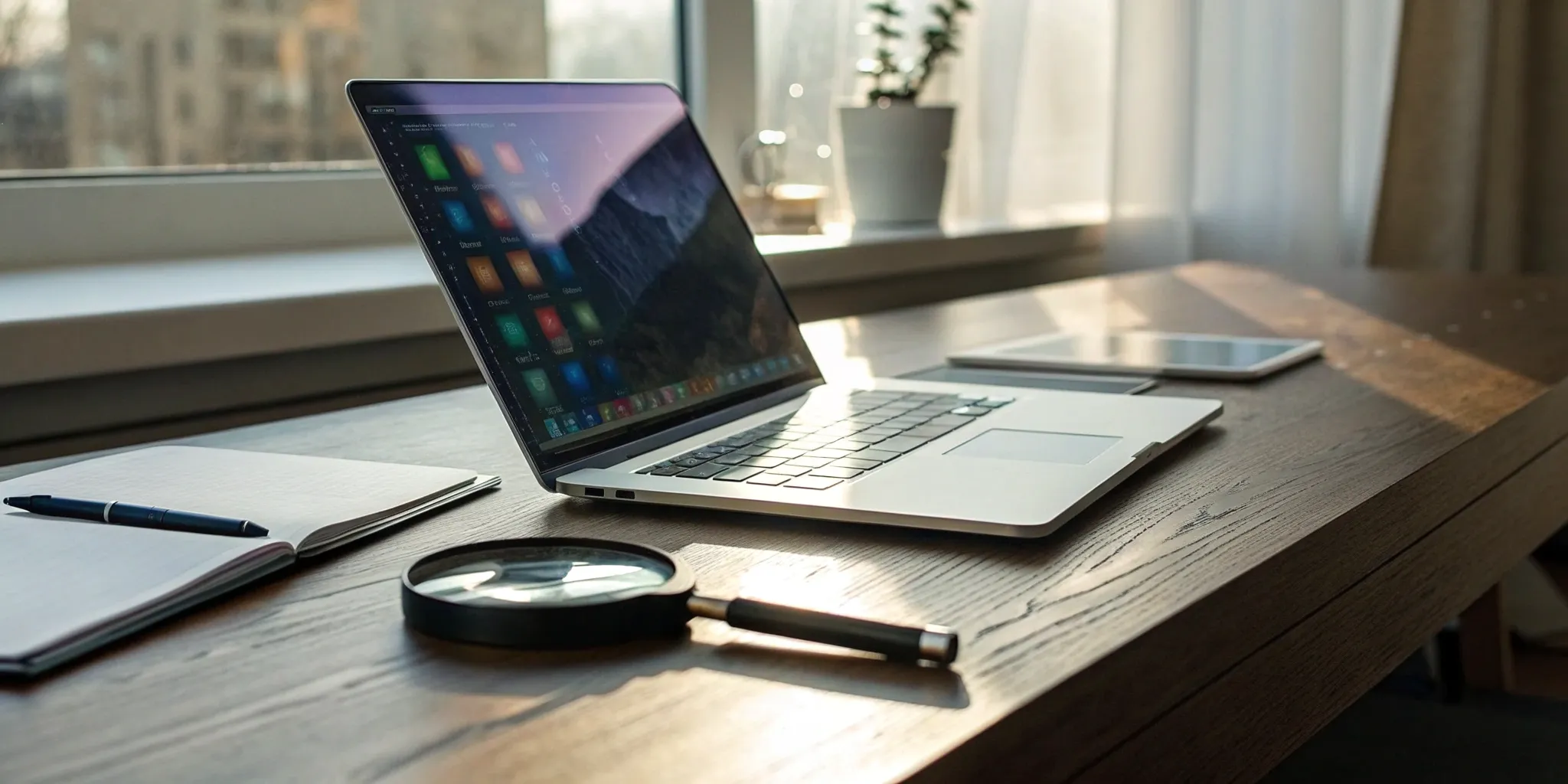 A laptop displaying legal investigation software next to a magnifying glass and a notebook.