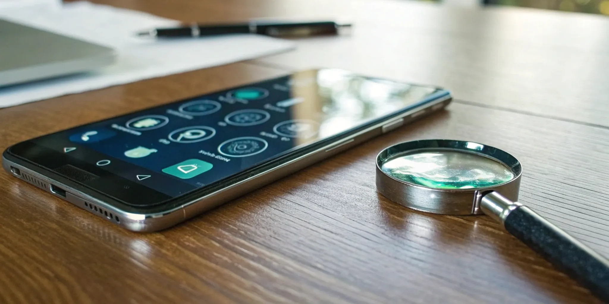 Essential private investigator apps displayed on a smartphone next to a magnifying glass.