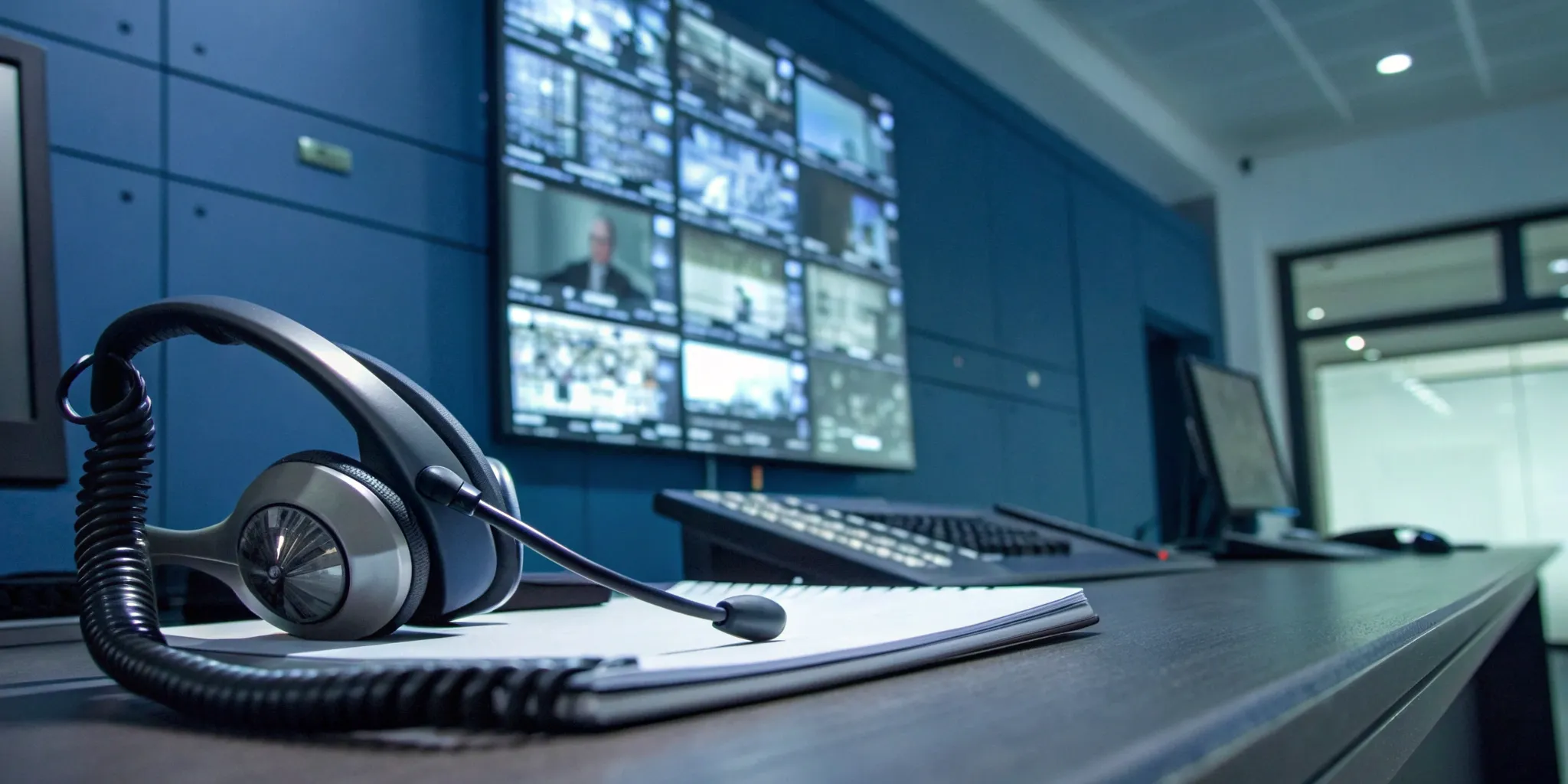 A security operations center using executive protection technology to analyze threats on multiple monitors.