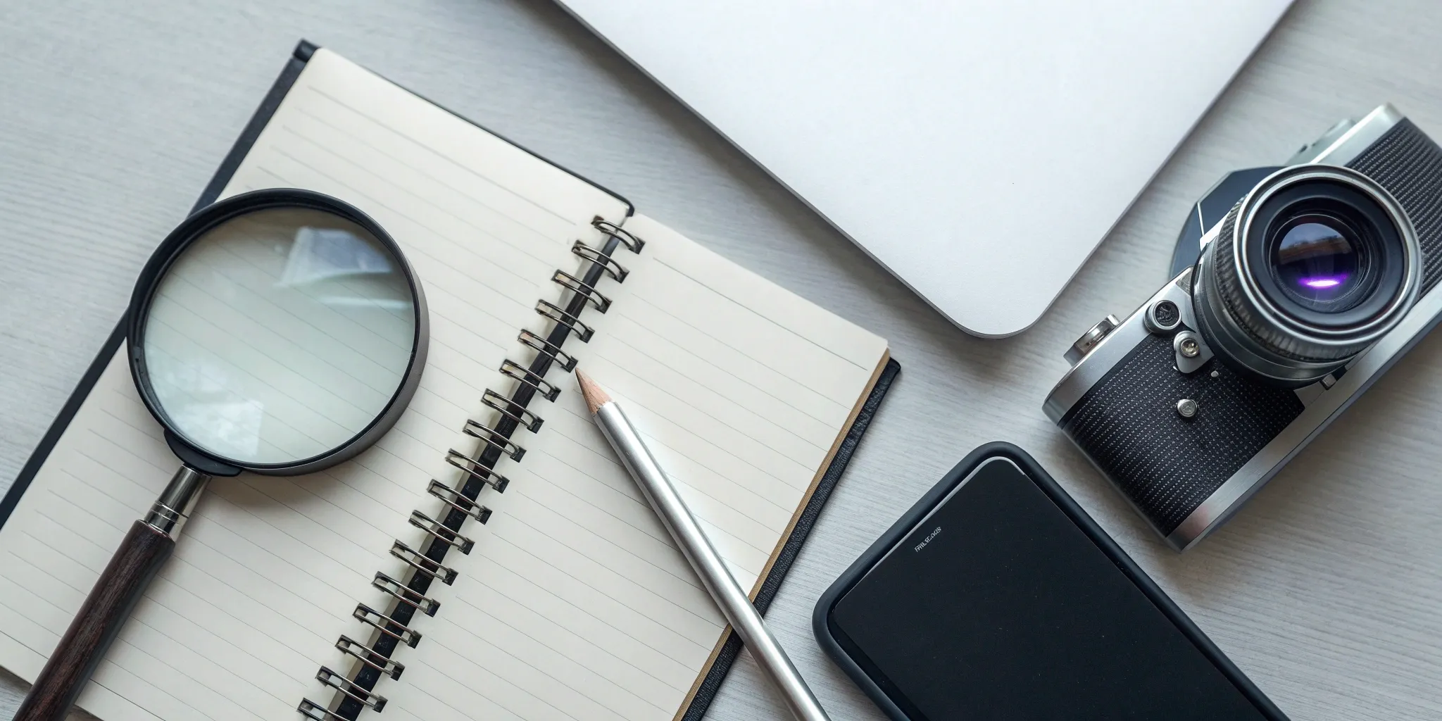 A private investigator's tools like a camera, laptop, and magnifying glass on a desk.