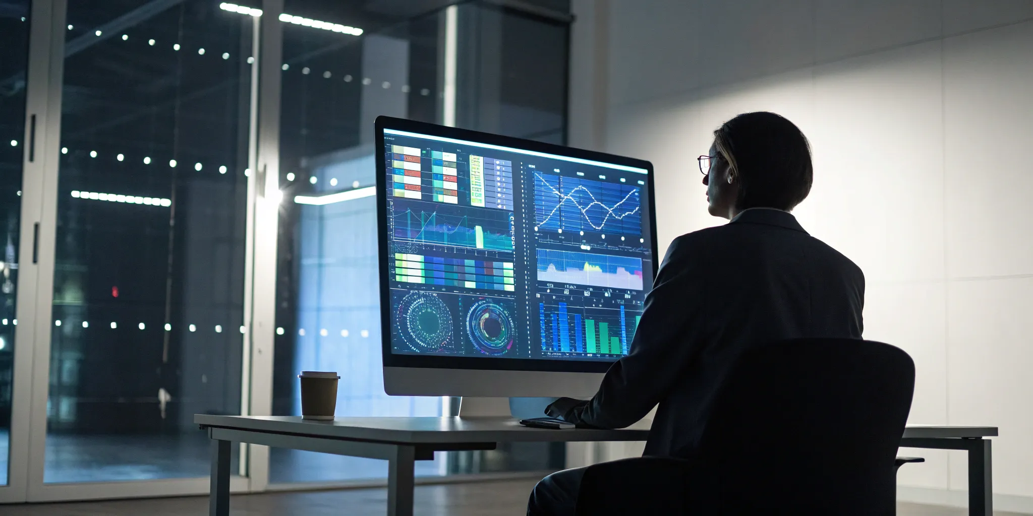 Professional analyzing AI risk scoring data and threat assessment charts.