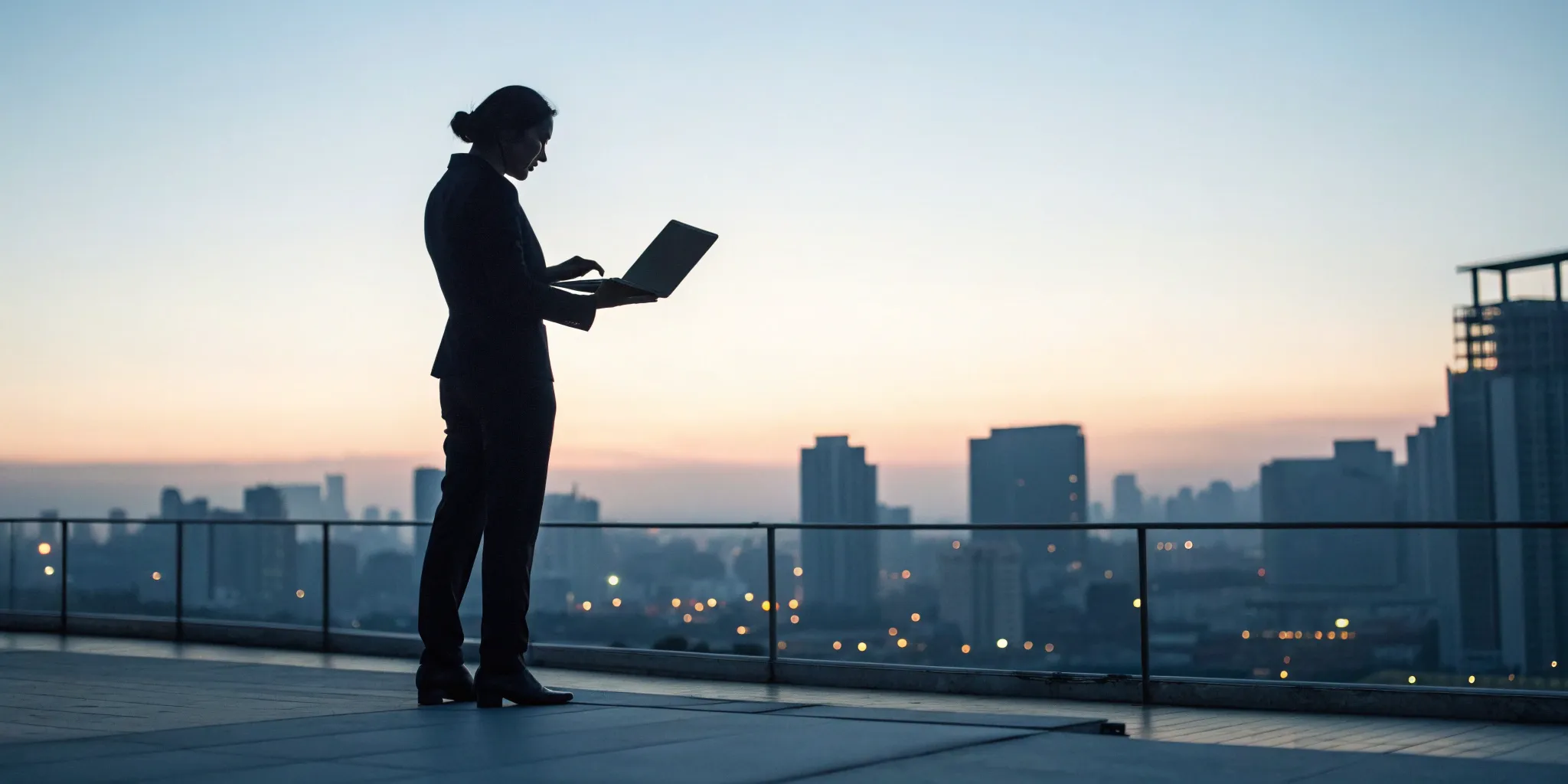 A business leader planning a risk mitigation strategy on a laptop overlooking a city.