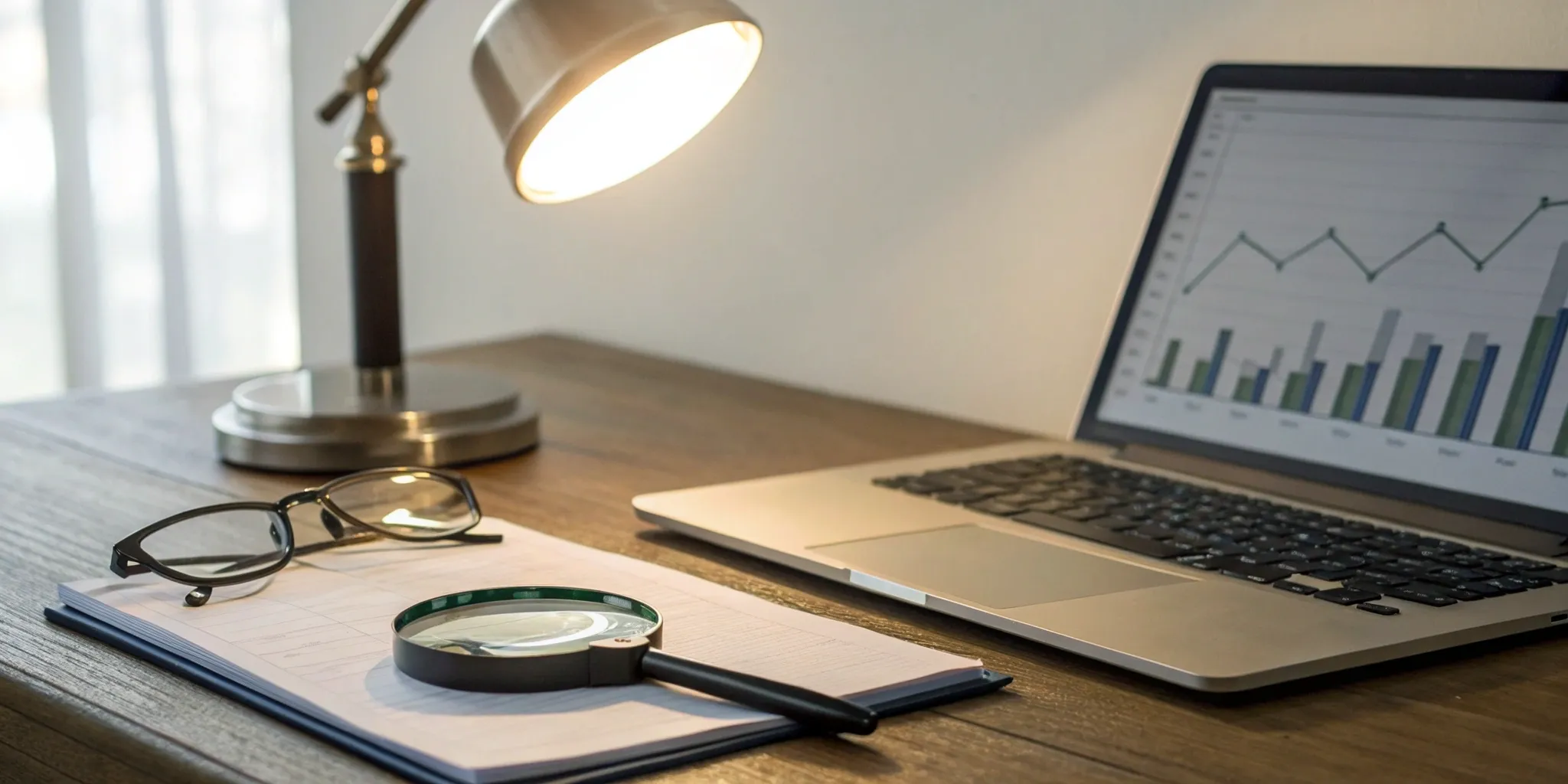 A laptop showing private investigator report templates on a desk with a magnifying glass and glasses.