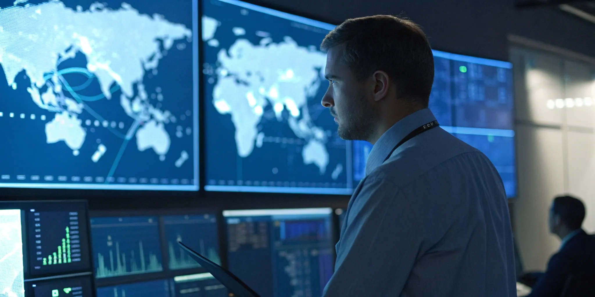 Security professional monitoring real-time risk alerts for global threats on multiple screens.