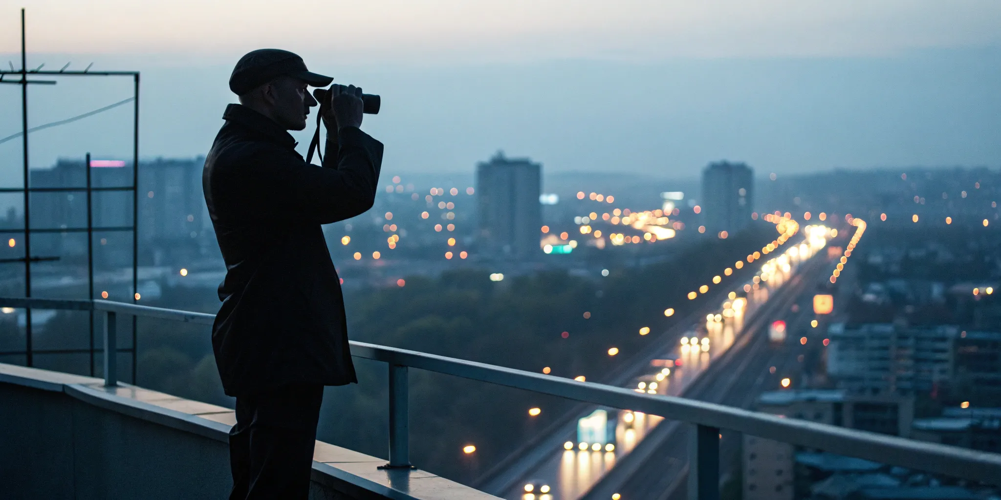 A situational awareness platform gives a high-level view, like a man observing a city with binoculars.