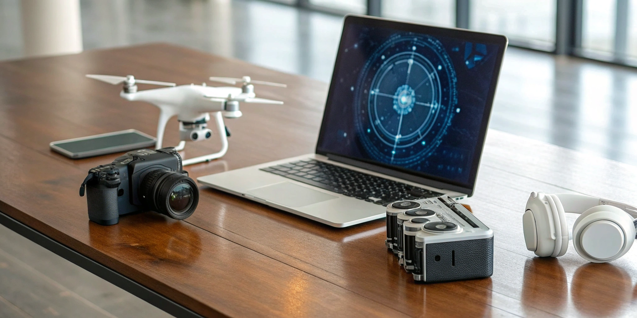 A desk with essential digital investigation tools including a laptop, camera, and drone.