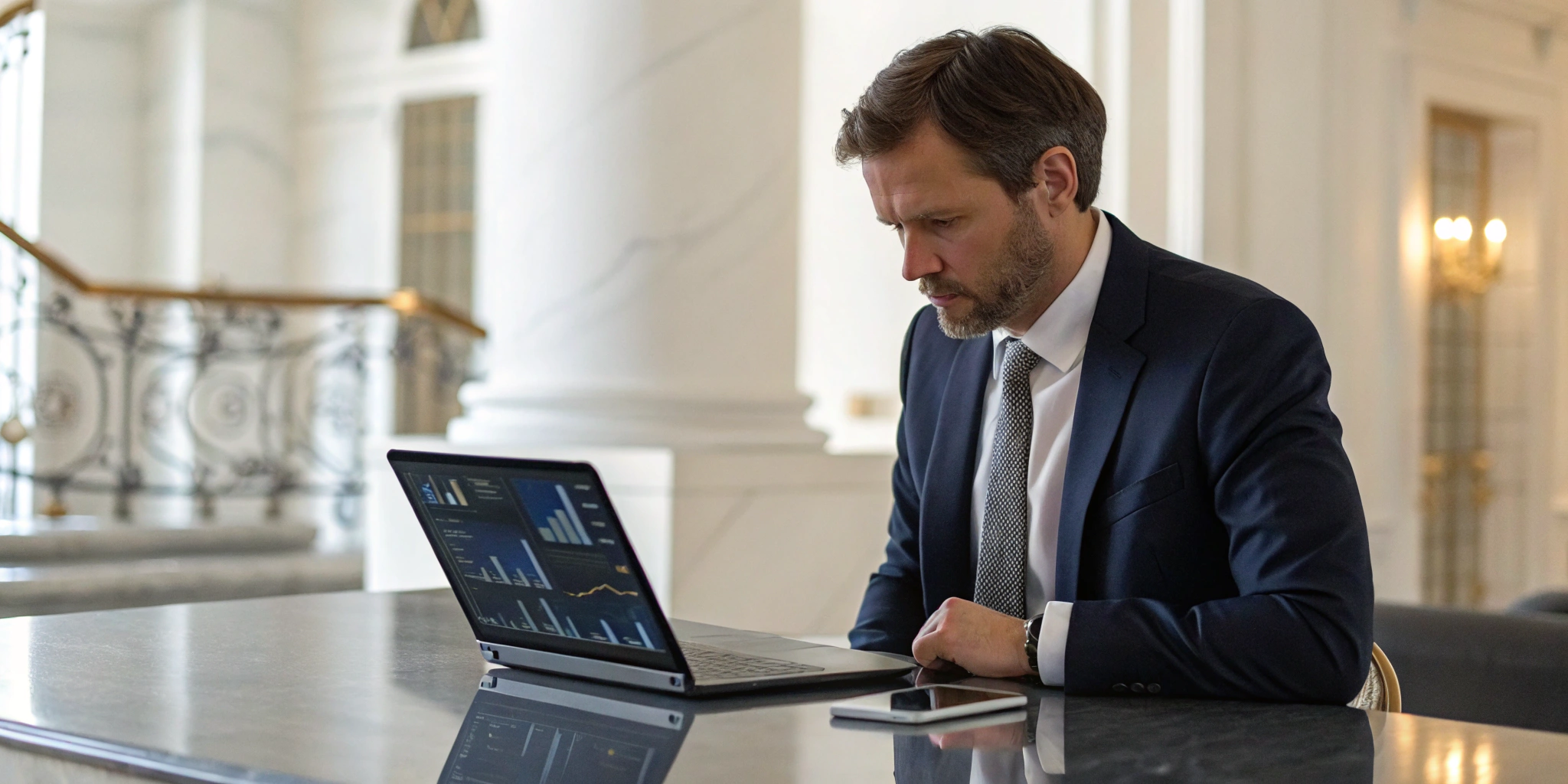 Professional analyzing data with modern investigation tools on a laptop.