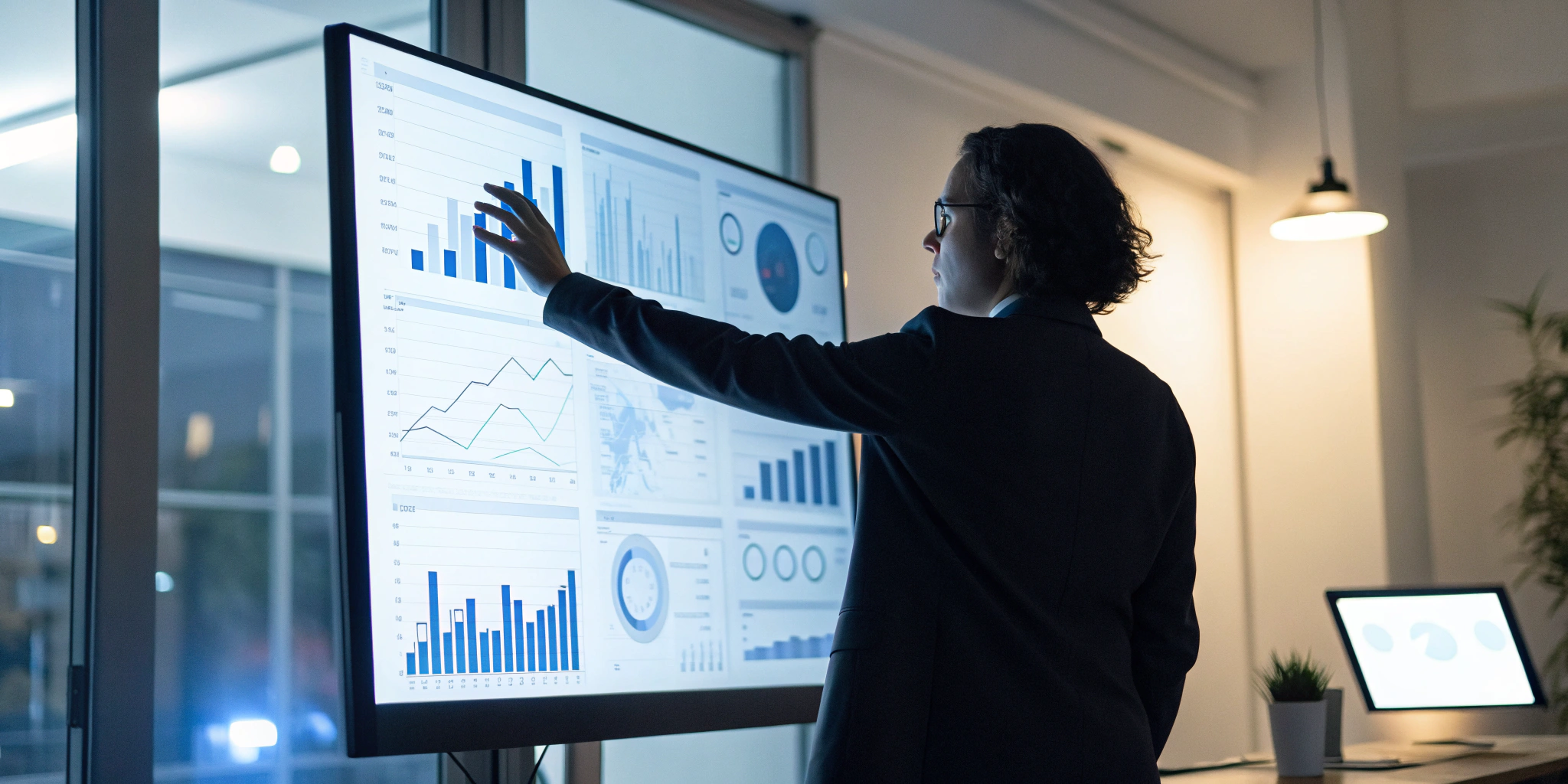 A professional analyzes compliance case management analytics on a large dashboard.