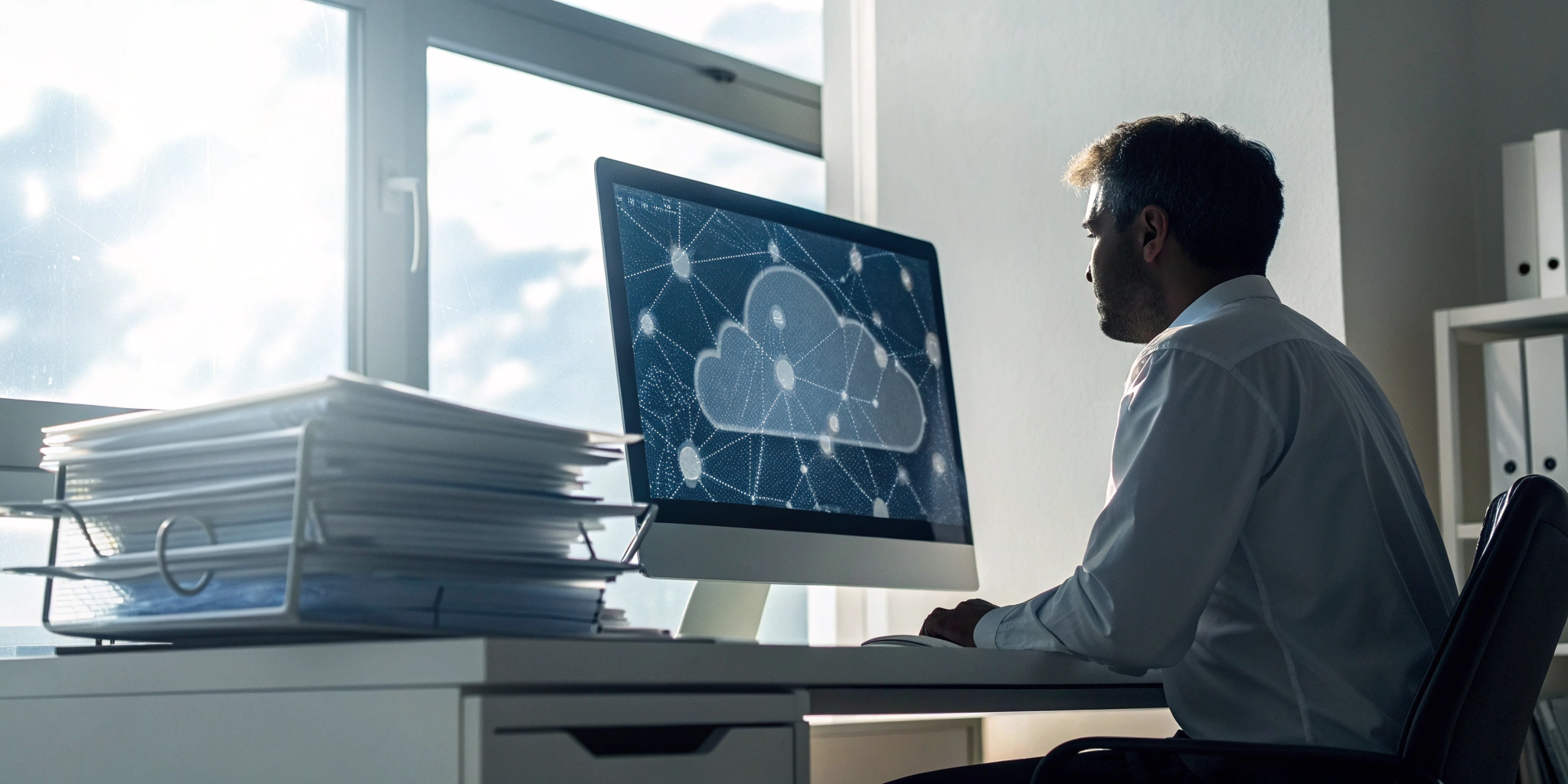 Professional organizing case files on a computer with cloud case management software.