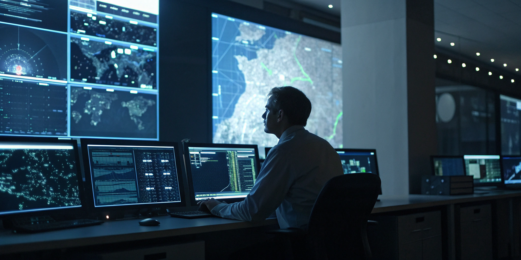 A professional in a command center monitors screens for crisis incident management.