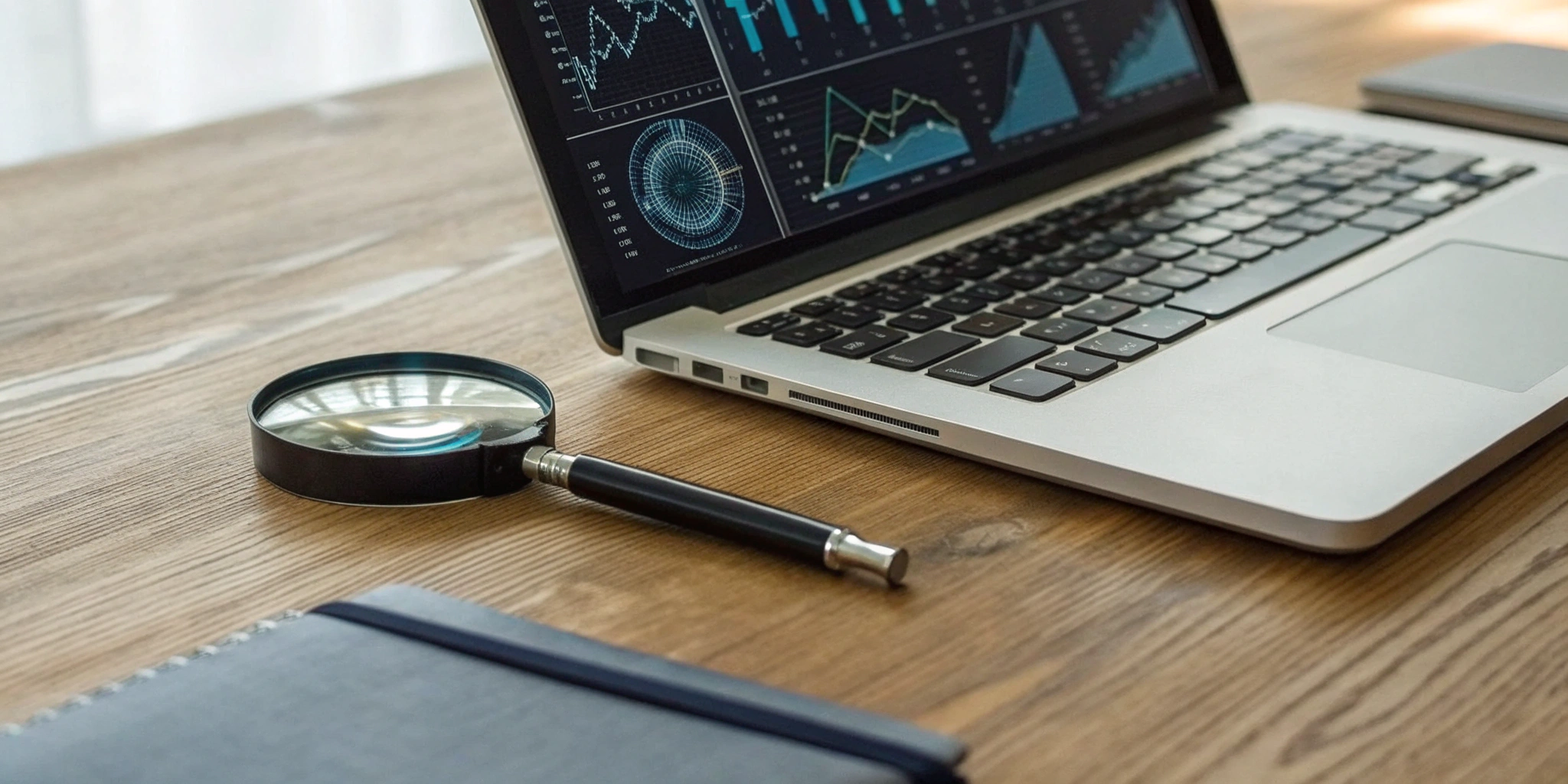 A fraud case management system dashboard on a laptop for tracking analytics and case data.