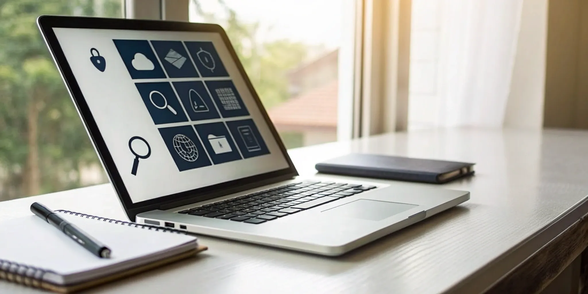 An investigator's laptop displaying secure online intake forms next to a traditional pen and notebook.