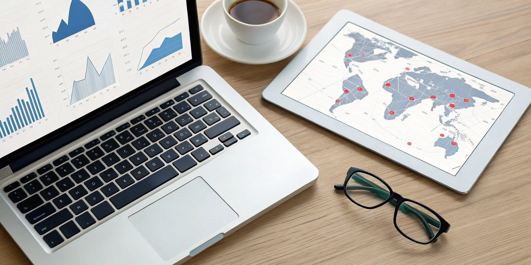 A SOC case management dashboard on a laptop showing security analytics and a global threat map.