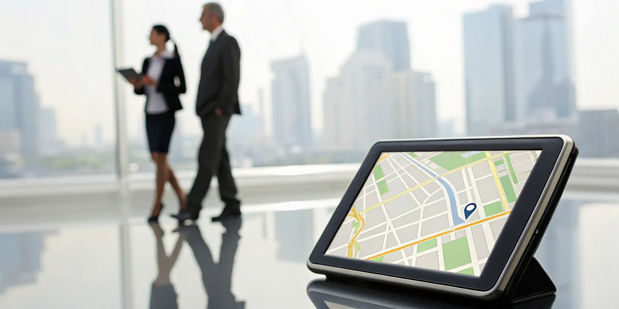 A tablet showing a GPS route optimization app with a planned multi-stop route in an office.