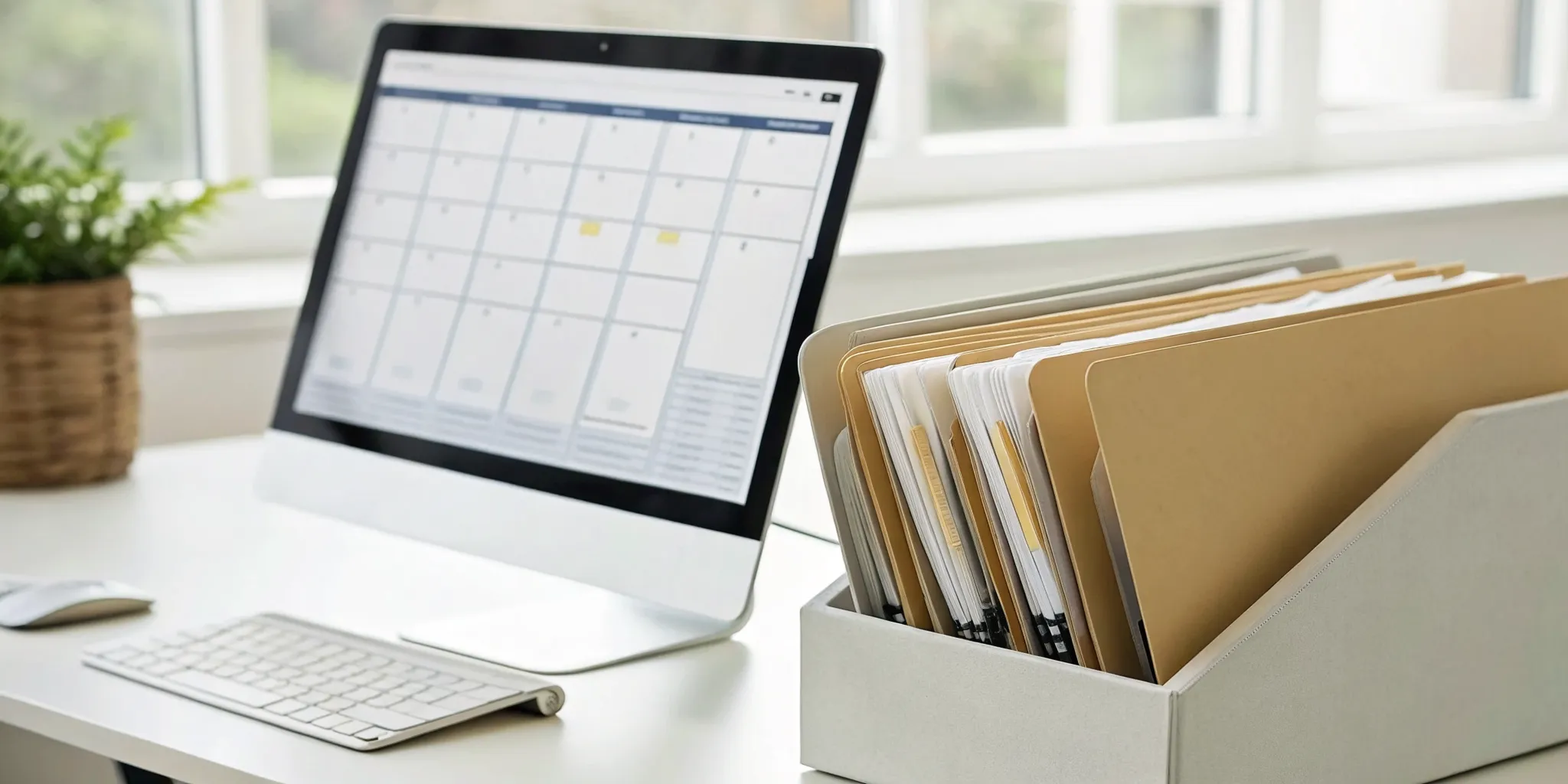 A computer, calendar, and files on a desk for employee relations case management.