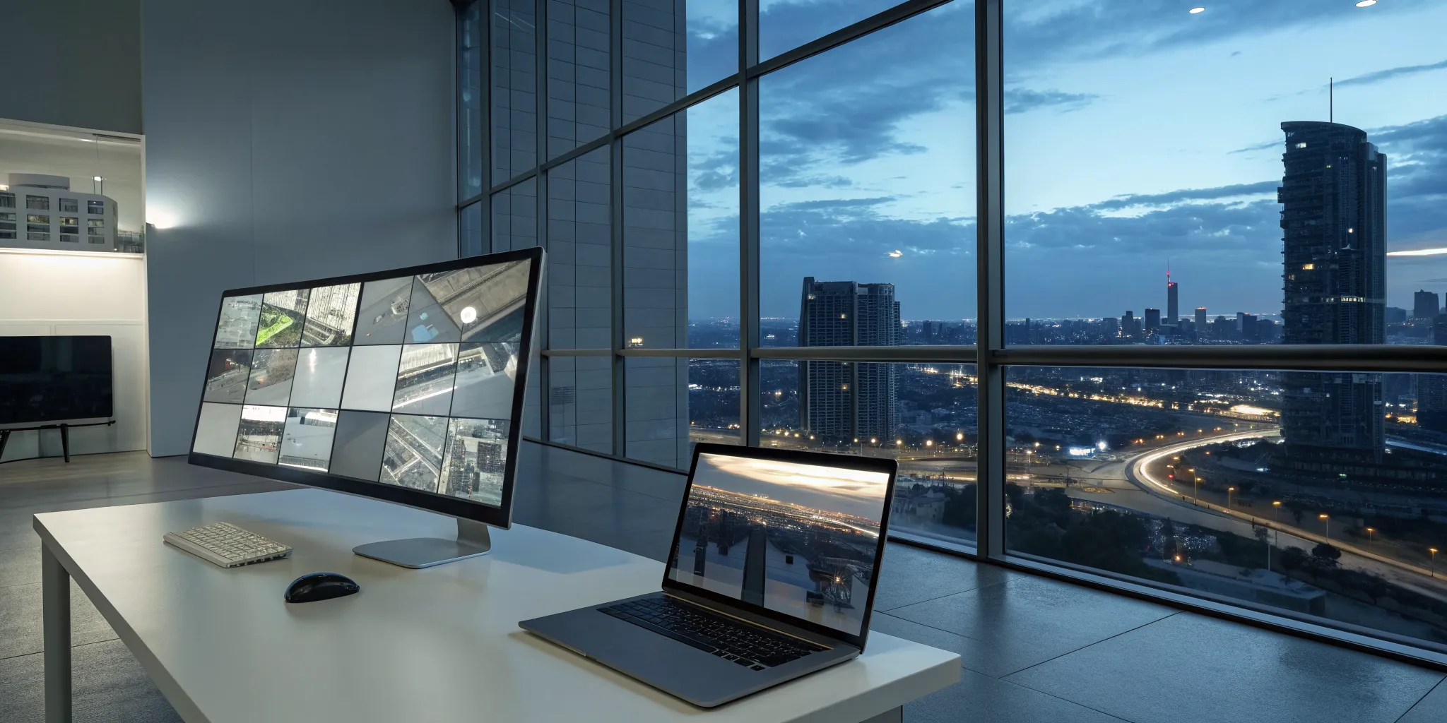 Surveillance management software on monitors in a modern security operations center.