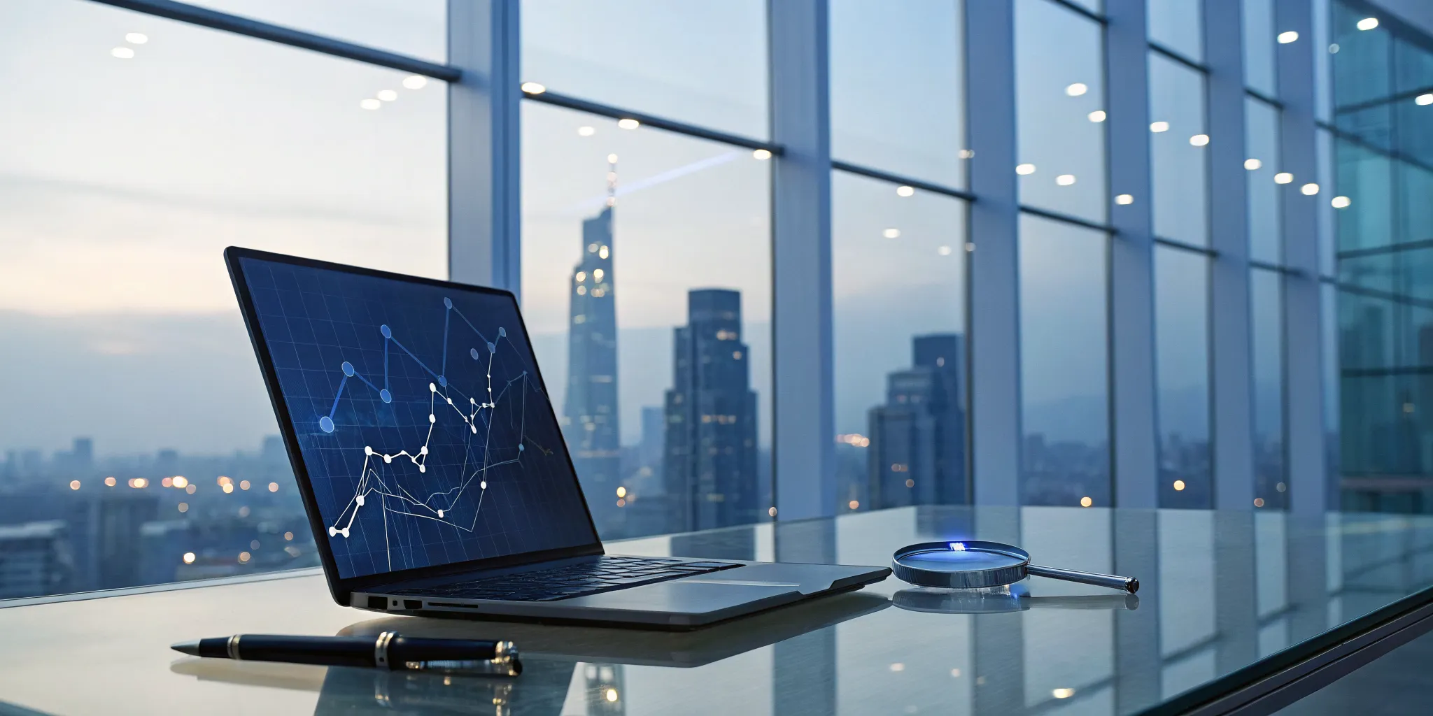 A magnifying glass sits next to a laptop displaying data for detective software analysis.