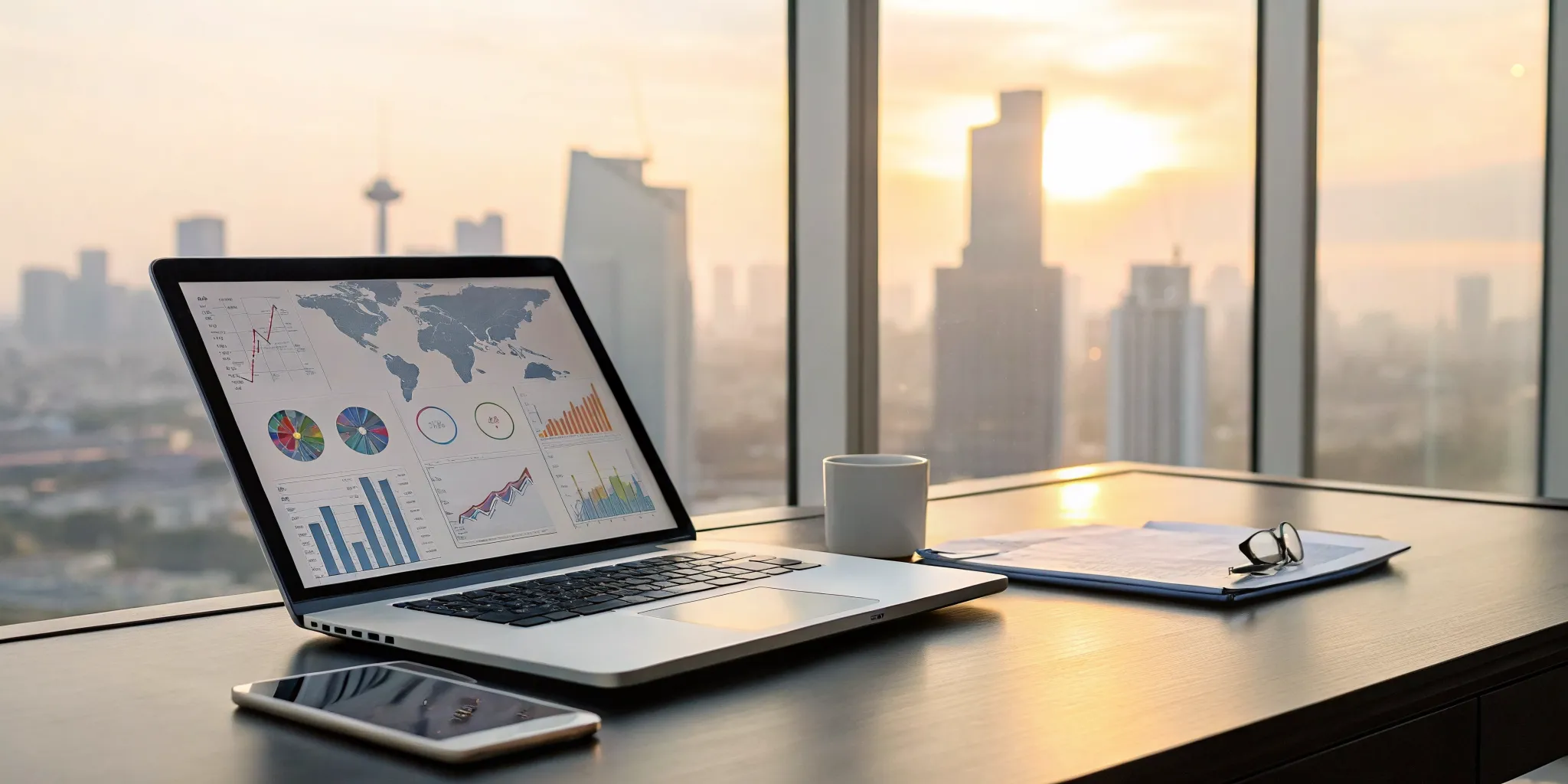 A private investigator CRM dashboard on a laptop showing case analytics and client data.