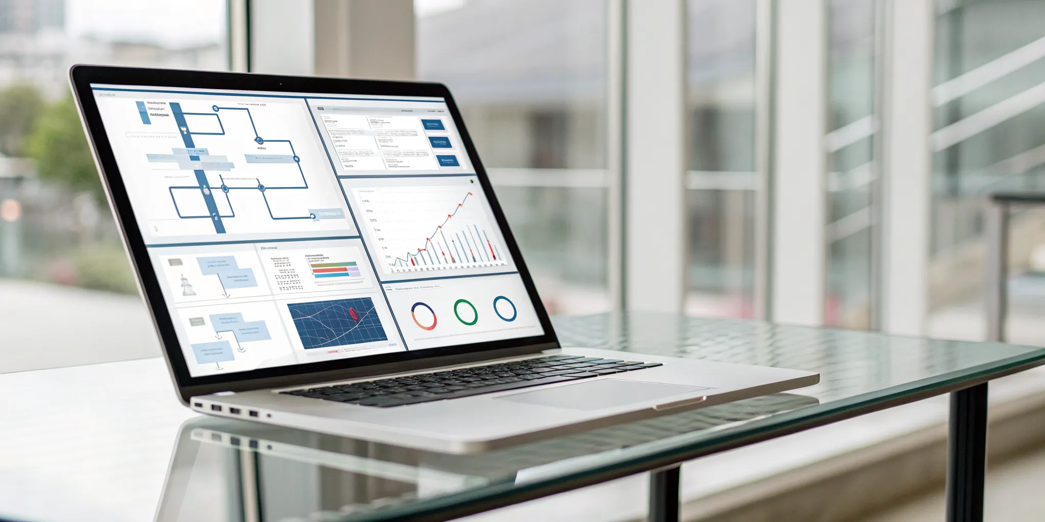 Laptop displaying case workflow software dashboards with charts and diagrams.