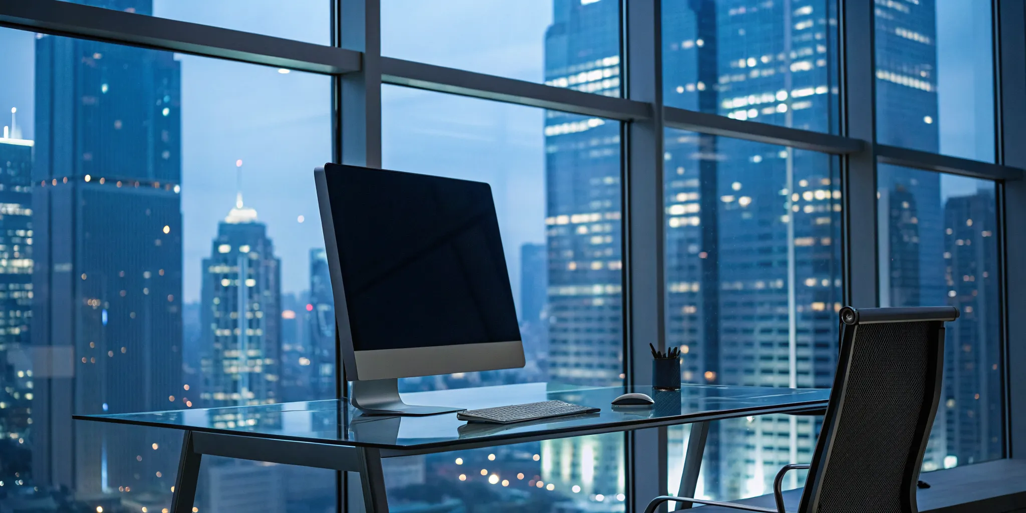 Top rated investigation software on a computer in a modern office with a city skyline view.