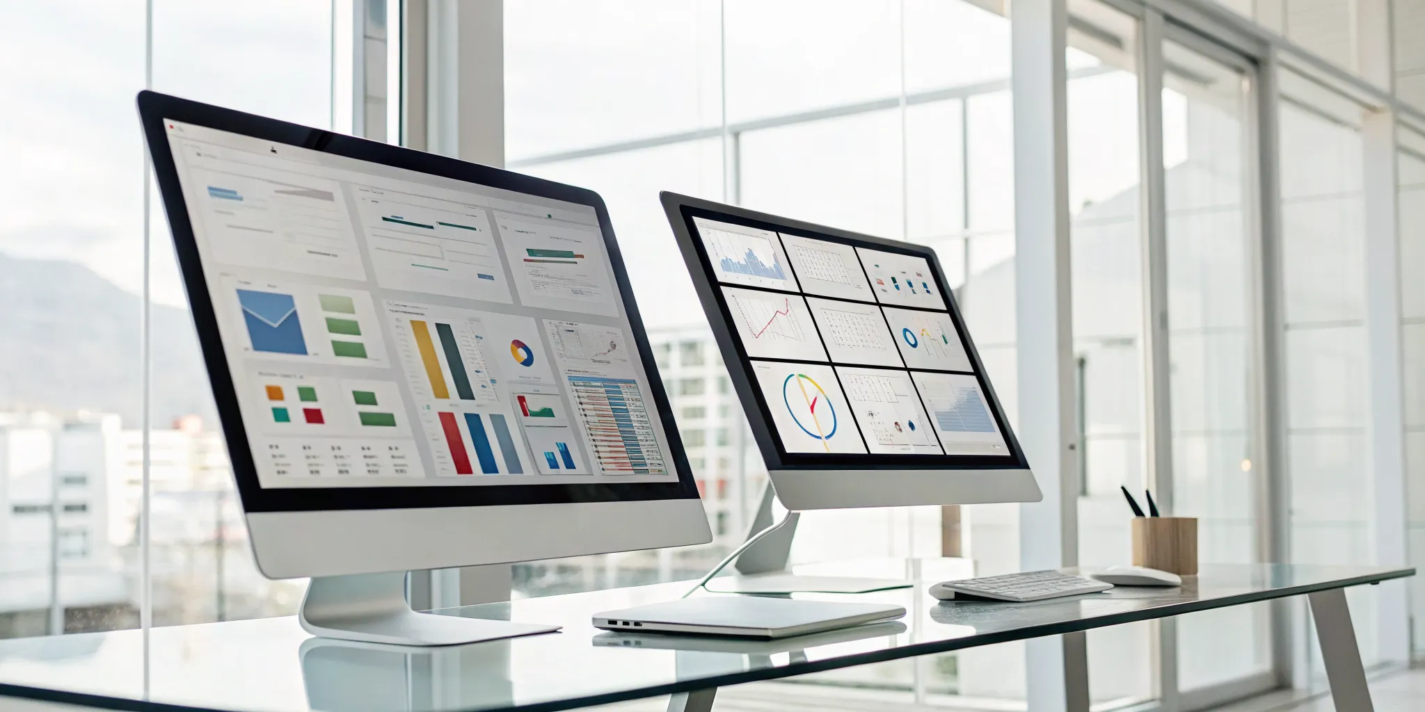 A review of investigation software showing different dashboards and analytics on dual monitors.