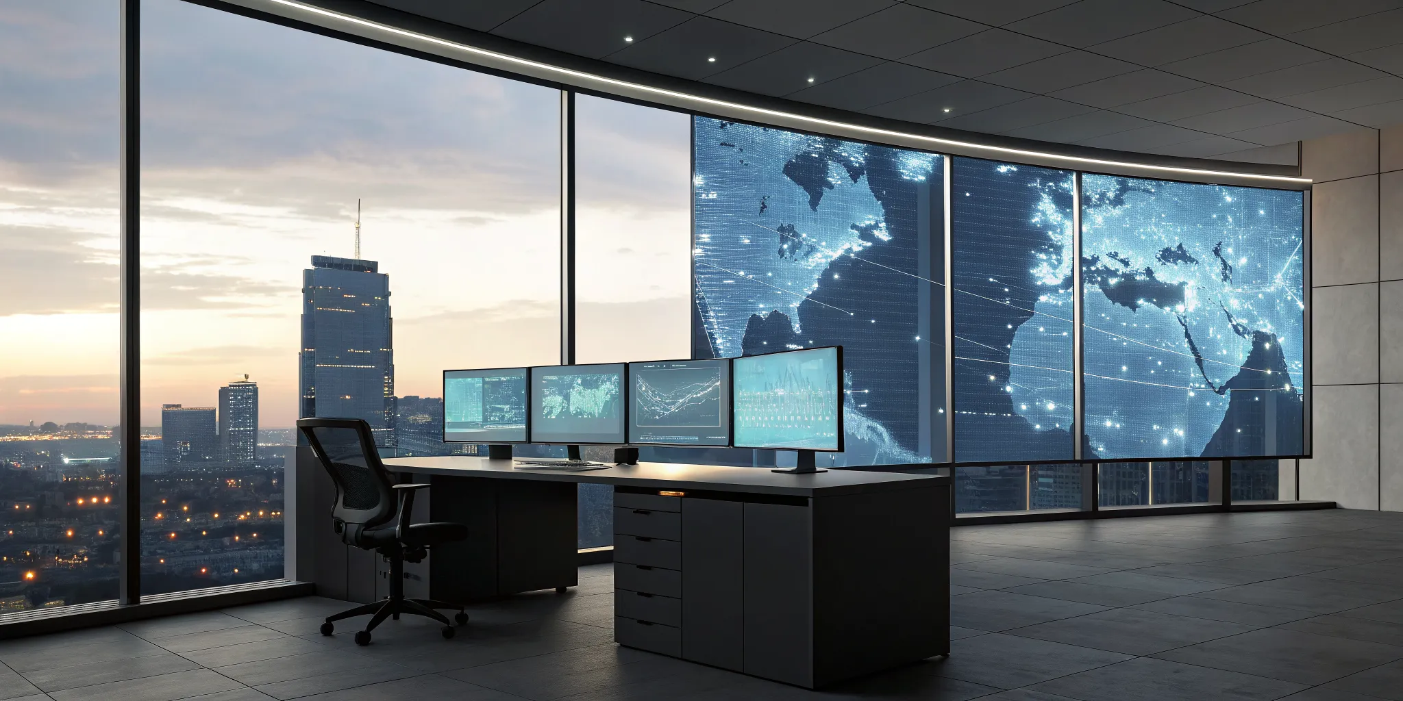 Surveillance investigation software on a multi-monitor workstation displaying a global data map.