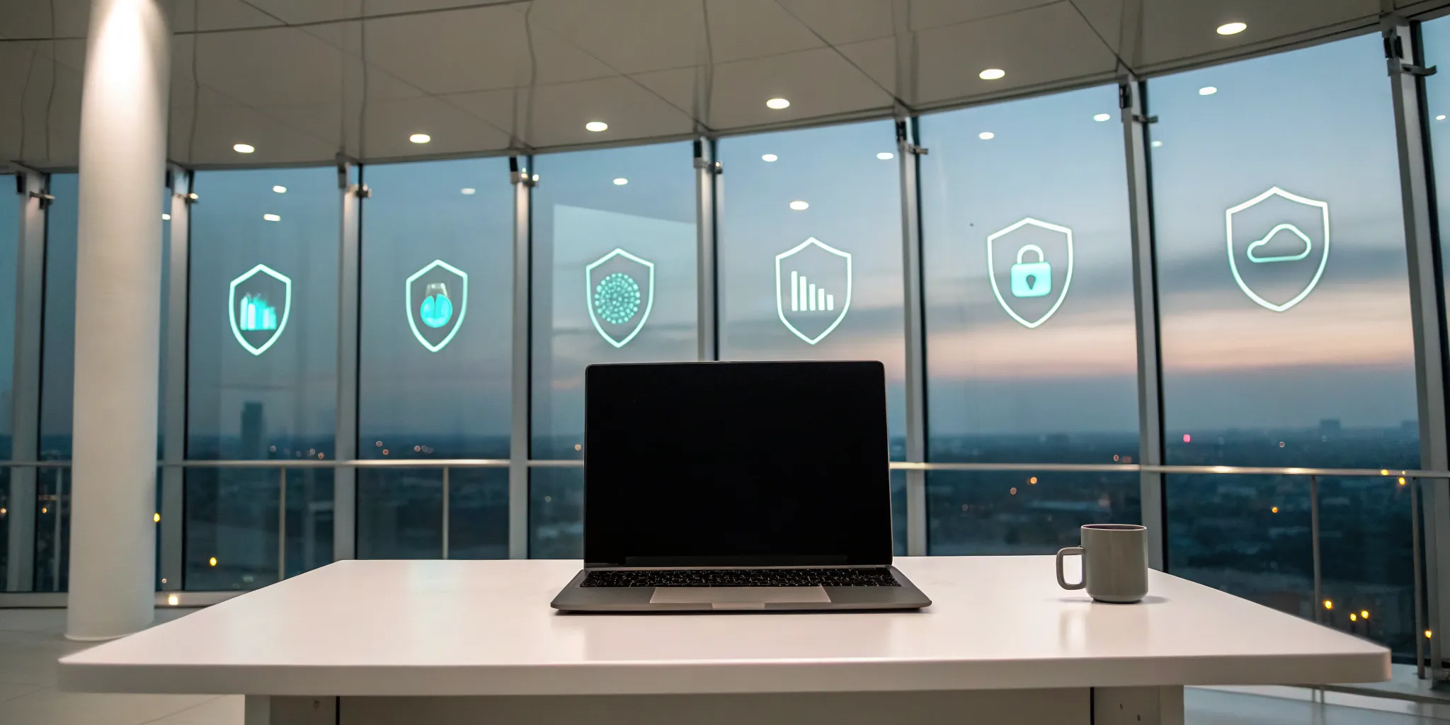 Security compliance management software on a laptop with security icons.