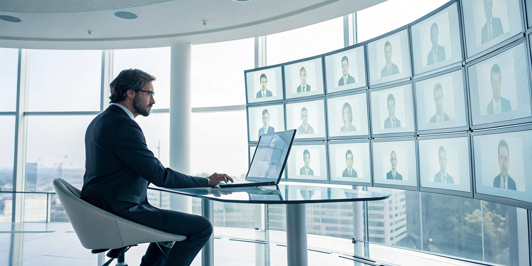 A business professional reviews candidate profiles using background screening software on a laptop.