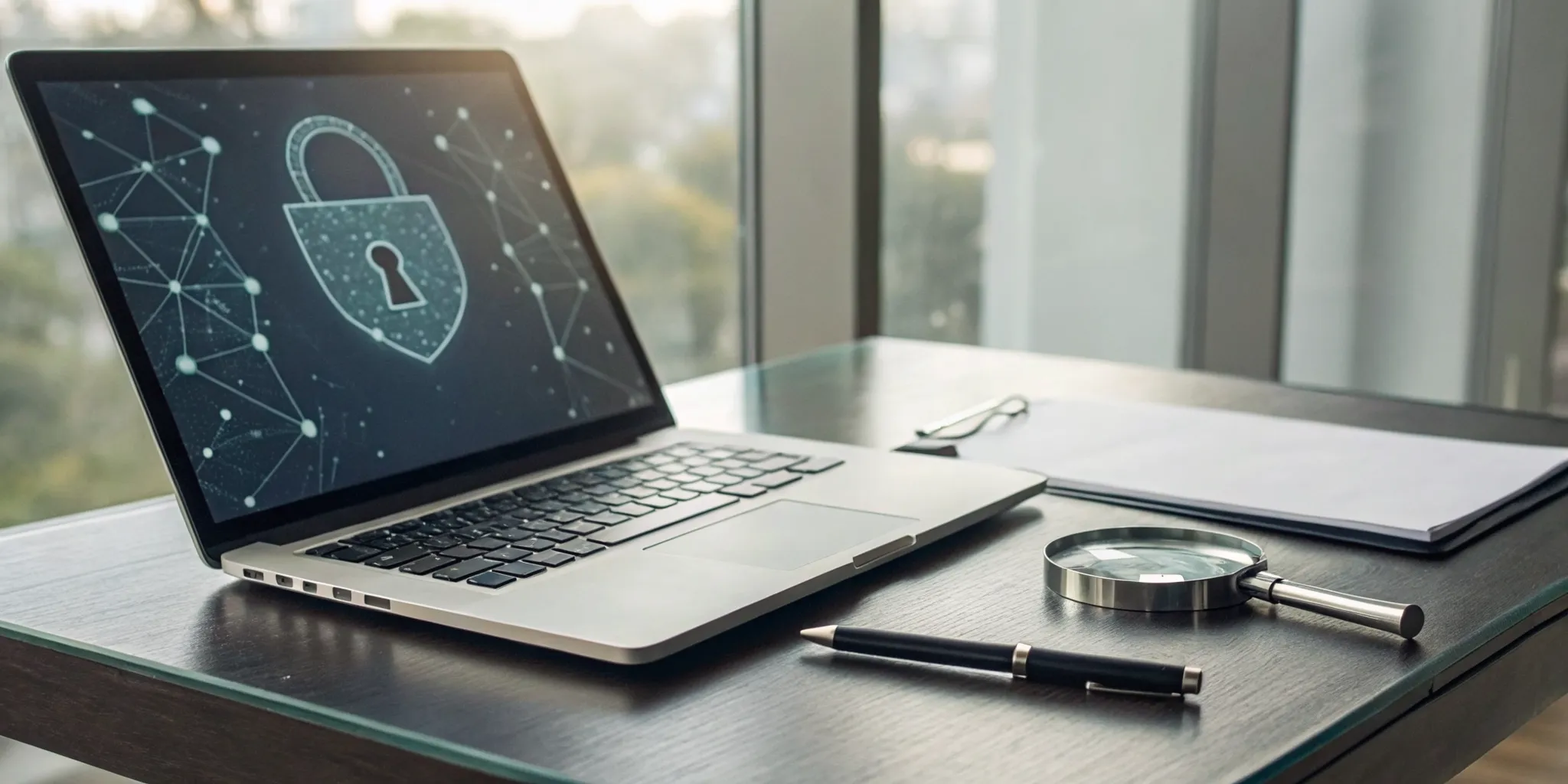 Data loss prevention software securing a laptop with a digital padlock icon.