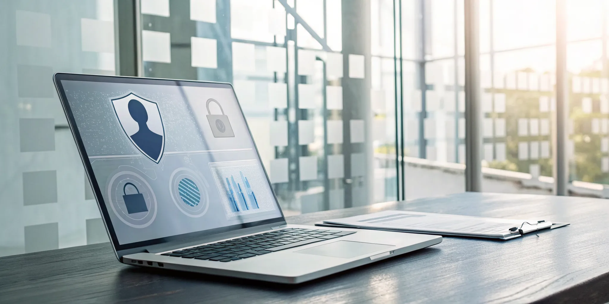 Laptop displaying background search software with key features like identity verification.