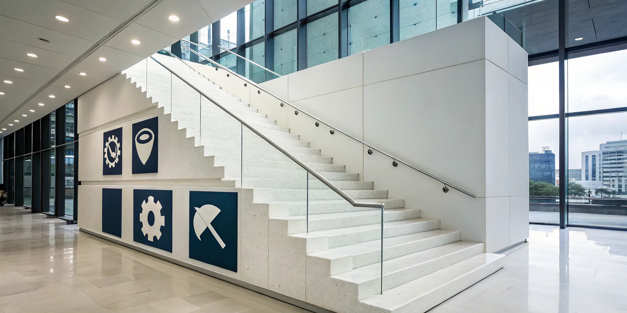 Staircase wall with icons outlining a step-by-step plan for risk mitigation strategies.