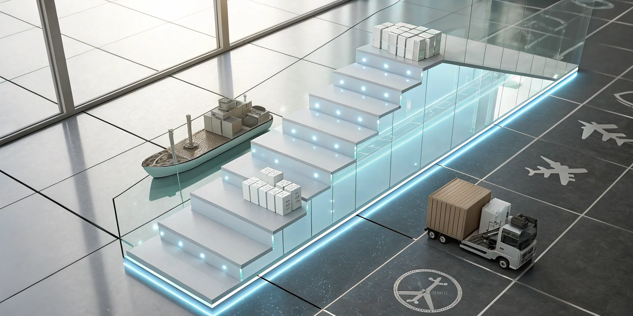 A 4-step supply chain risk management plan with a ship, truck, and packages.
