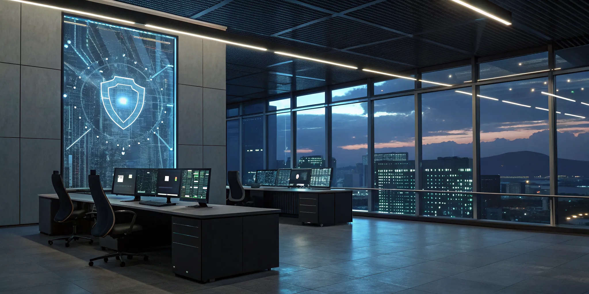 Digital shield icon over a security operations center using security orchestration and automation.