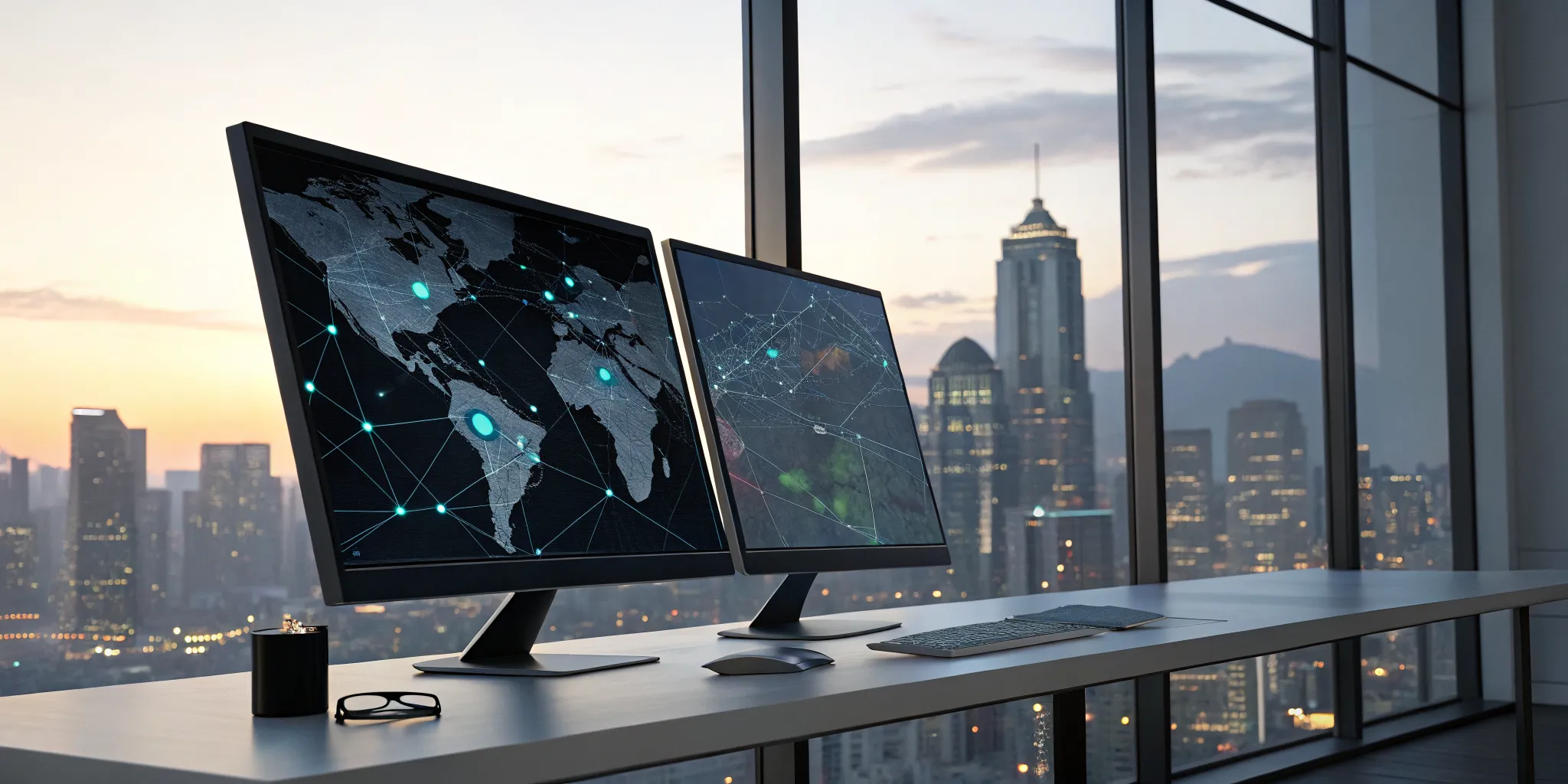 Private investigator software displaying data on a dual-monitor setup.