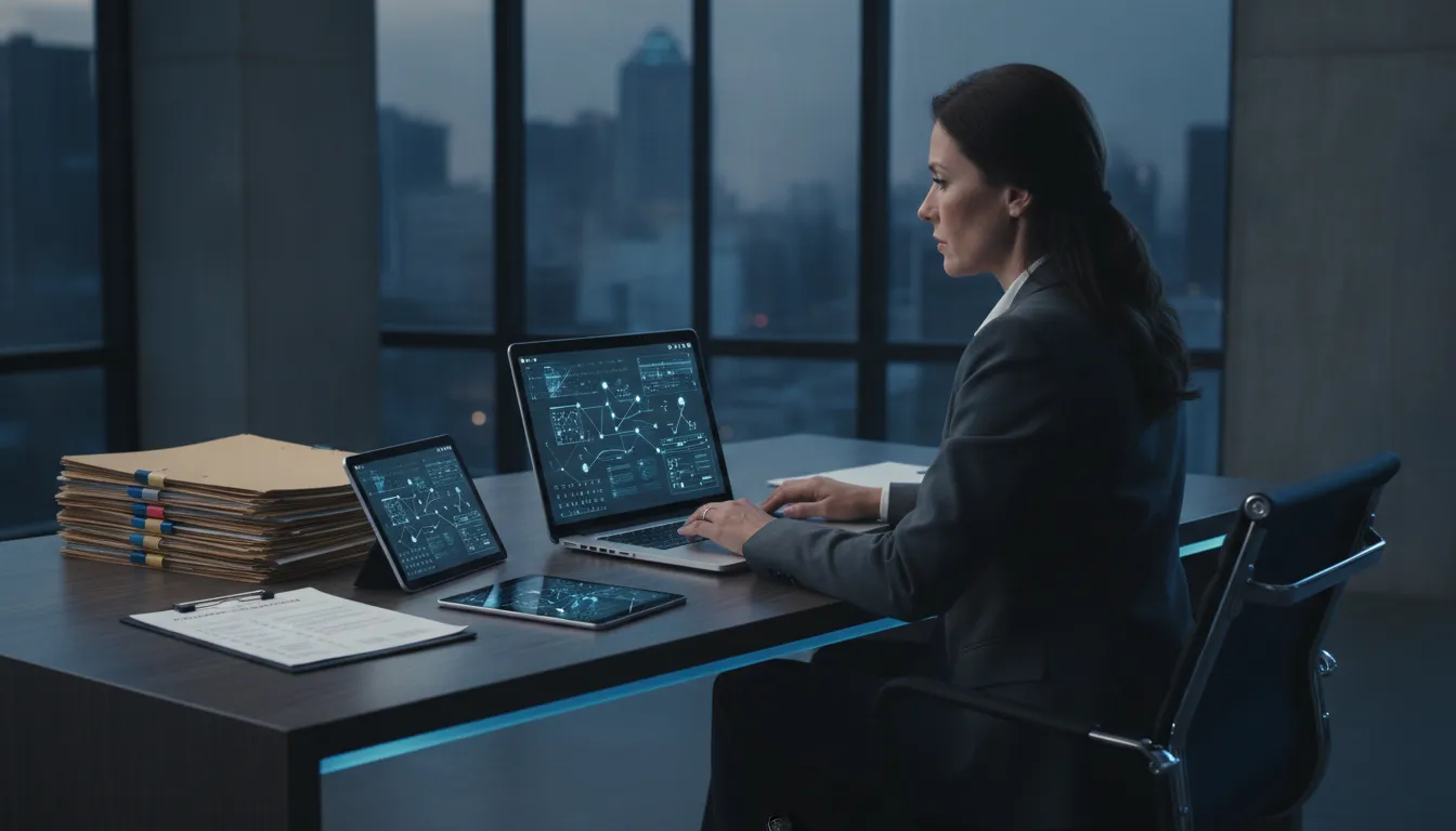Investigator reviewing criminal background check software dashboard