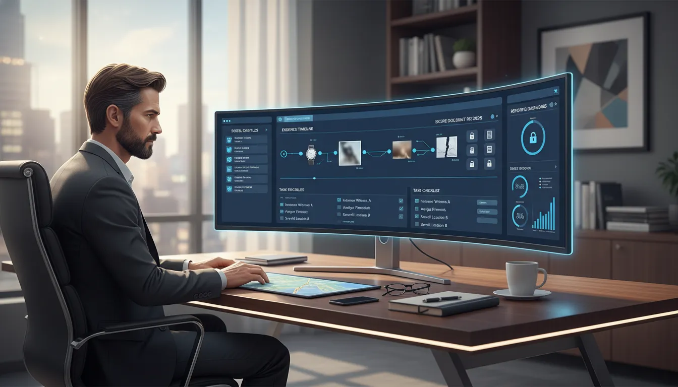 Investigator reviewing organized digital case files in detective case management software
