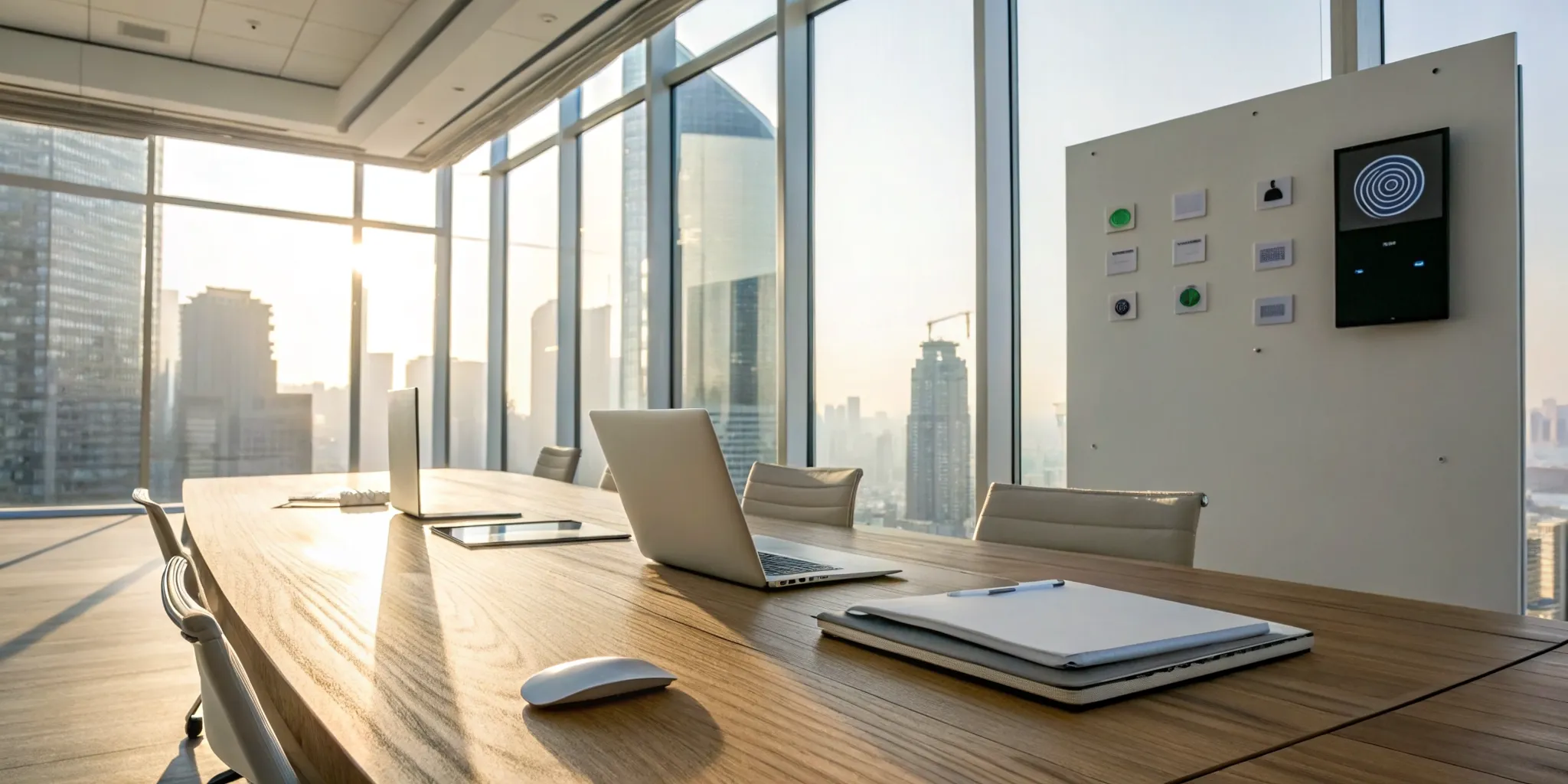 A conference room table with laptops and documents for vetting background check programs.