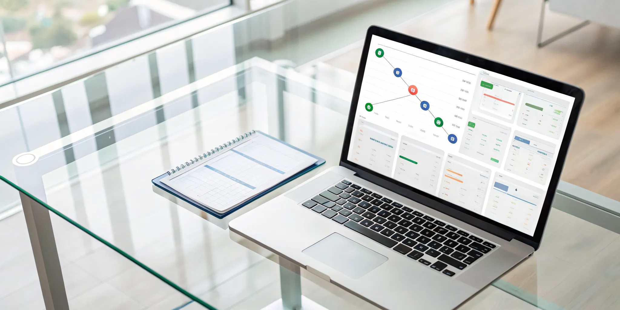 Laptop displaying the ServeManager dashboard with job tracking and analytics.